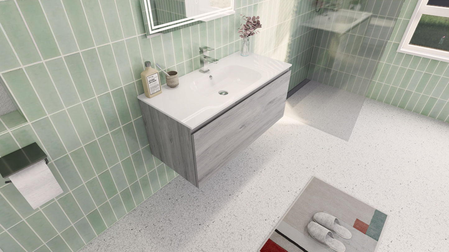 Aipo 40" White Gray Oak Wall Mounted Vanity with Reinforced Acrylic Sink