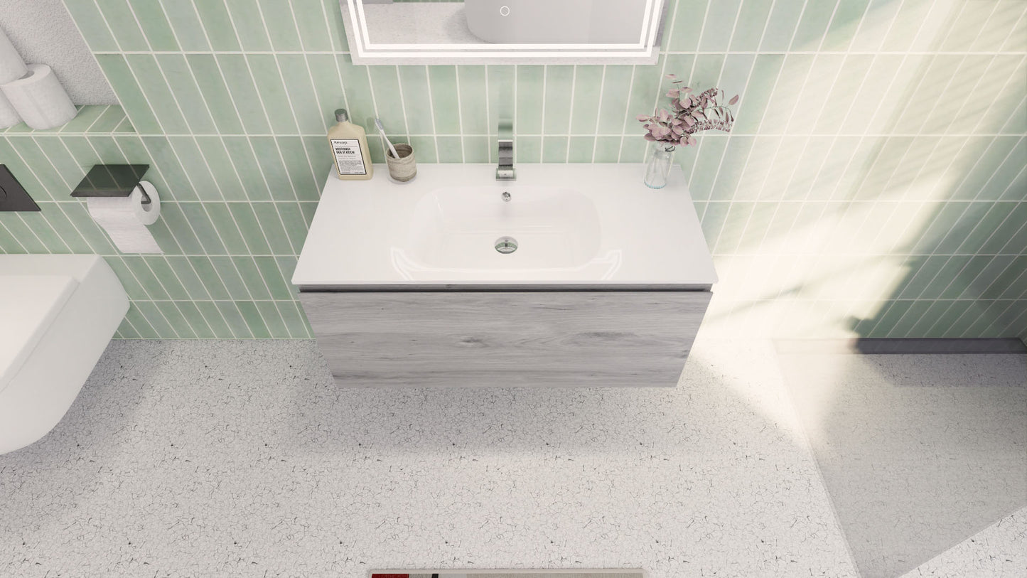 Aipo 40" White Gray Oak Wall Mounted Vanity with Reinforced Acrylic Sink