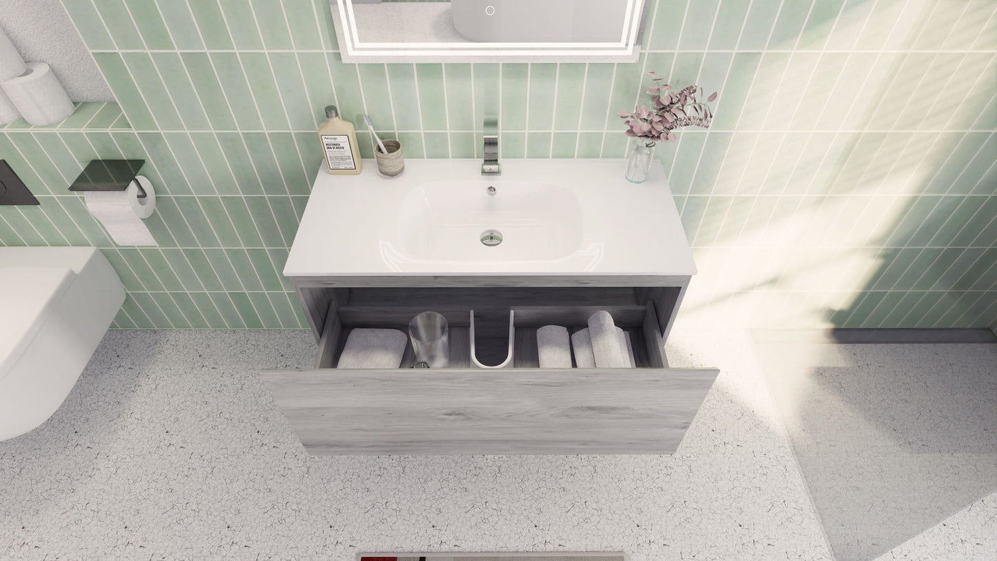 Aipo 40" White Gray Oak Wall Mounted Vanity with Reinforced Acrylic Sink