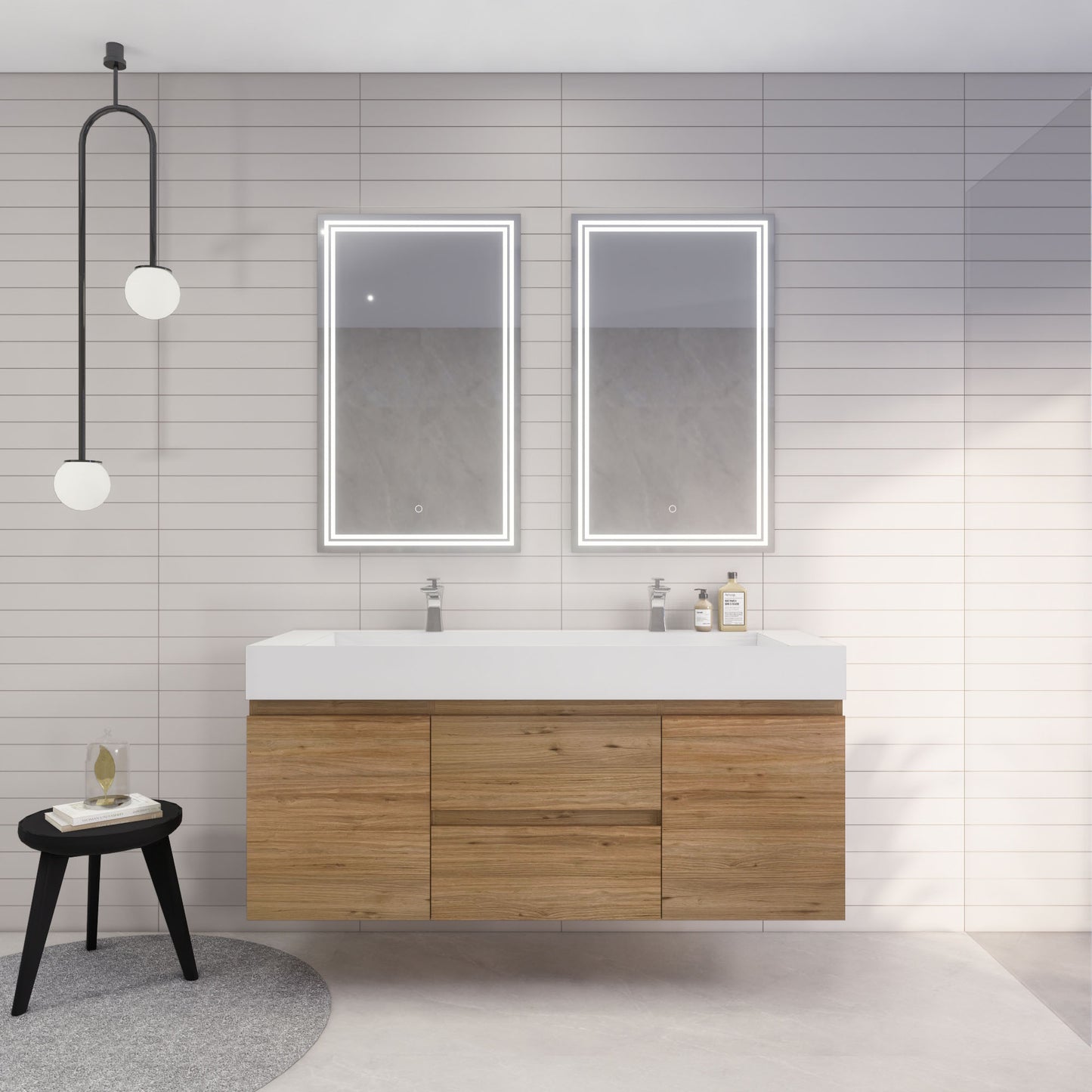 Monterey 60" Natural Oak Wall Mounted Vanity with Reinforced Acrylic Sinks