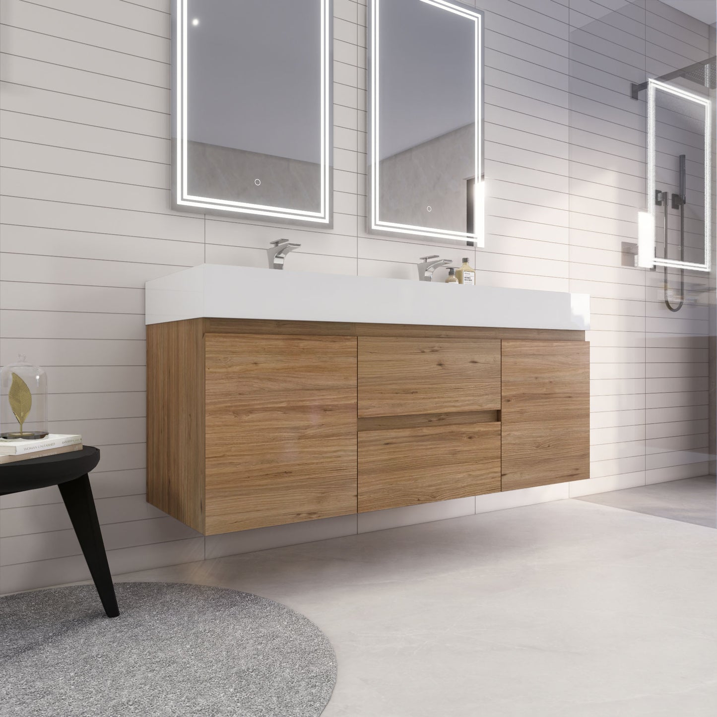 Monterey 60" Natural Oak Wall Mounted Vanity with Reinforced Acrylic Sinks