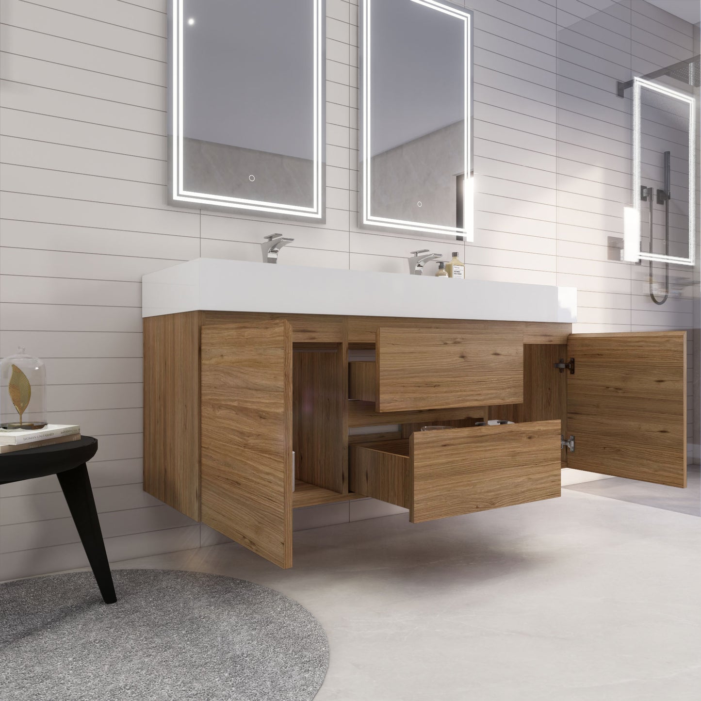Monterey 60" Natural Oak Wall Mounted Vanity with Reinforced Acrylic Sinks
