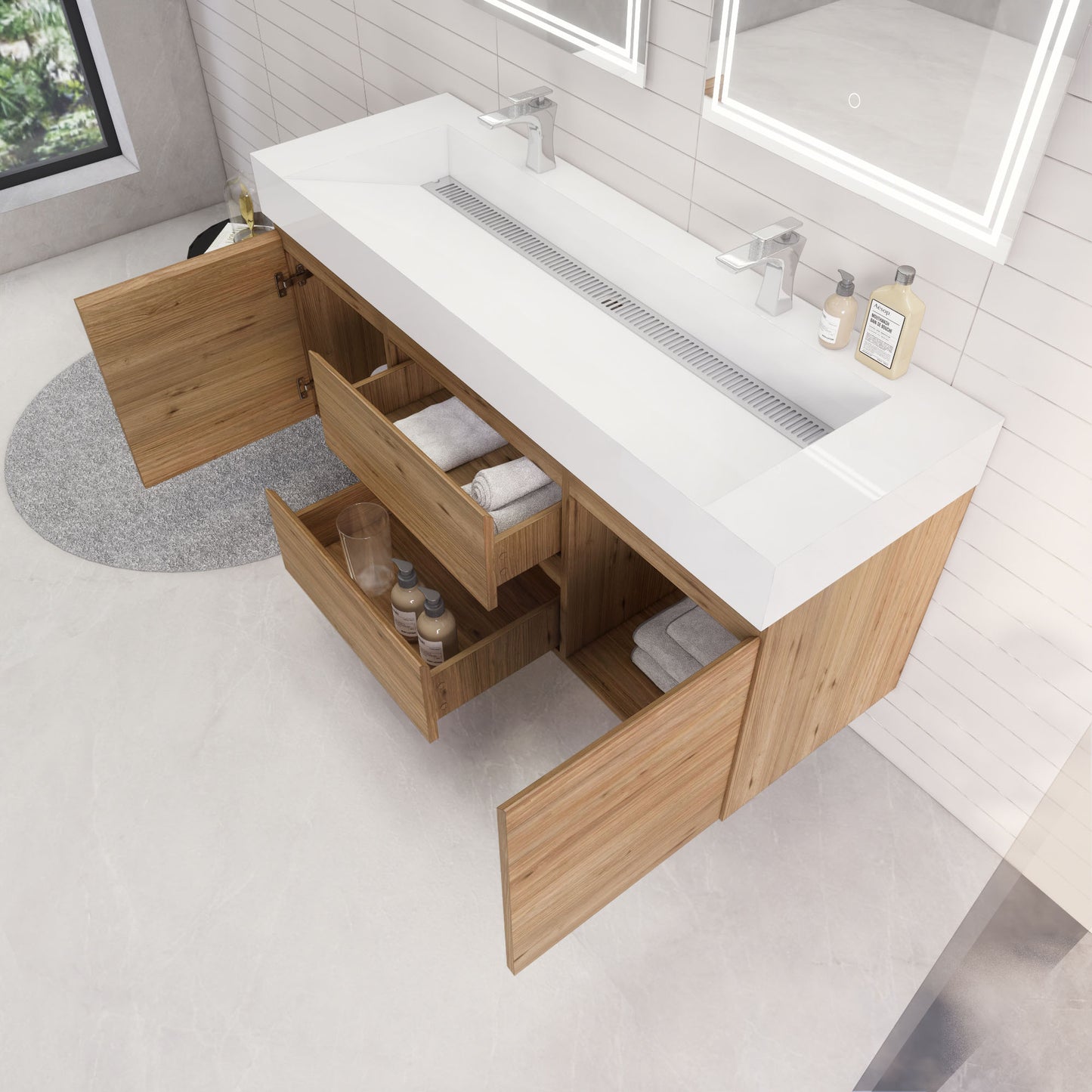 Monterey 60" Natural Oak Wall Mounted Vanity with Reinforced Acrylic Sinks