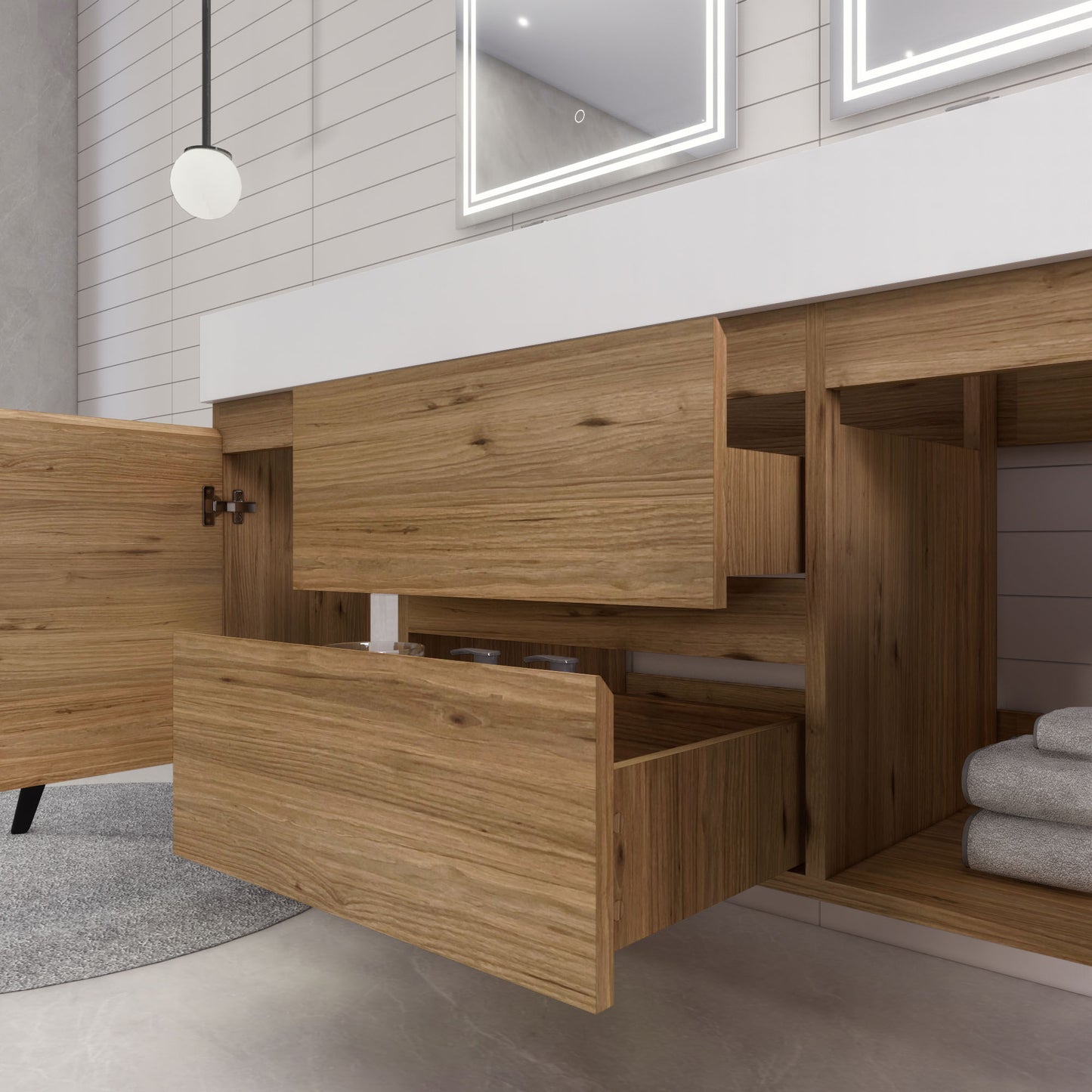 Monterey 60" Natural Oak Wall Mounted Vanity with Reinforced Acrylic Sinks