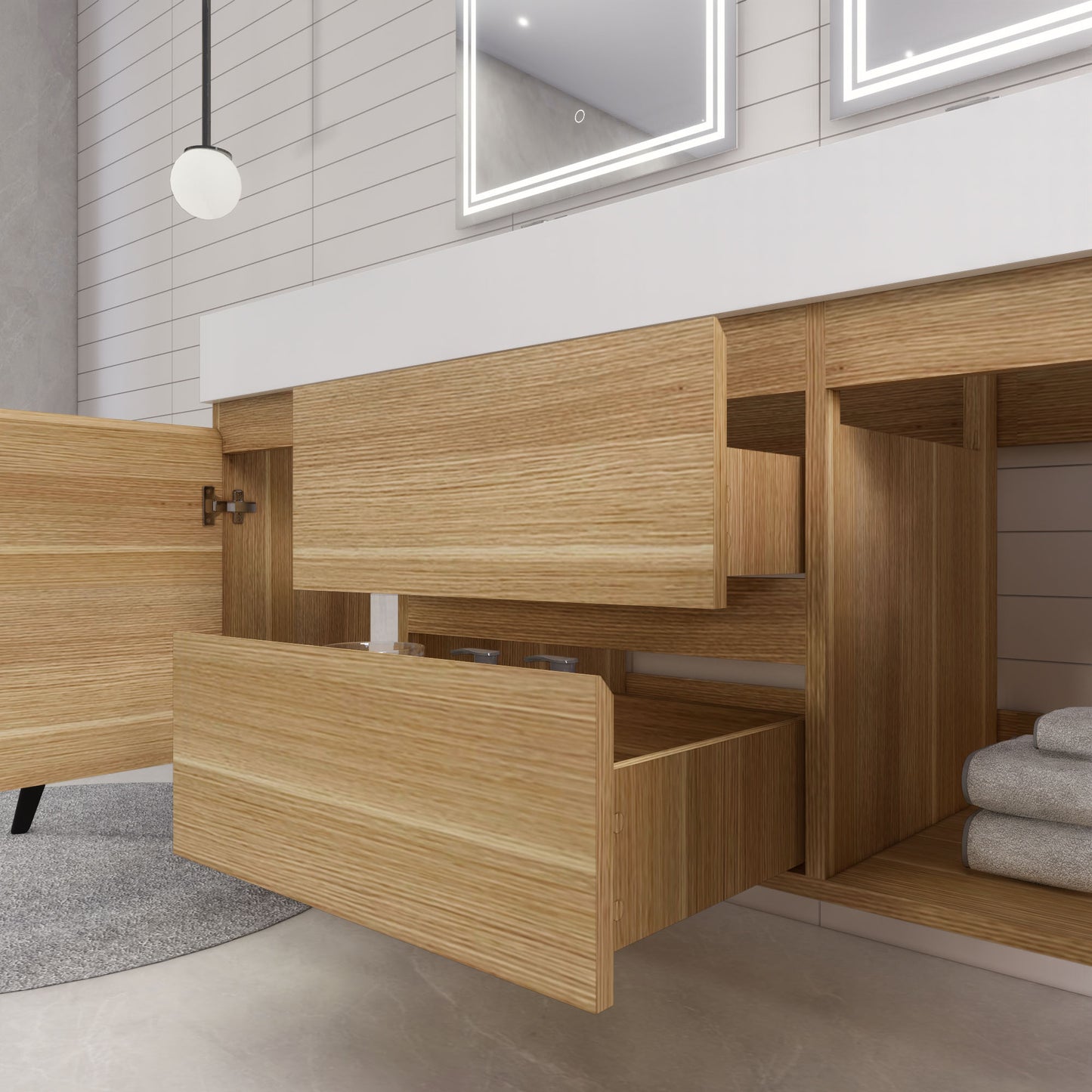 Monterey 60" White Oak Wall Mounted Vanity with Reinforced Acrylic Sinks