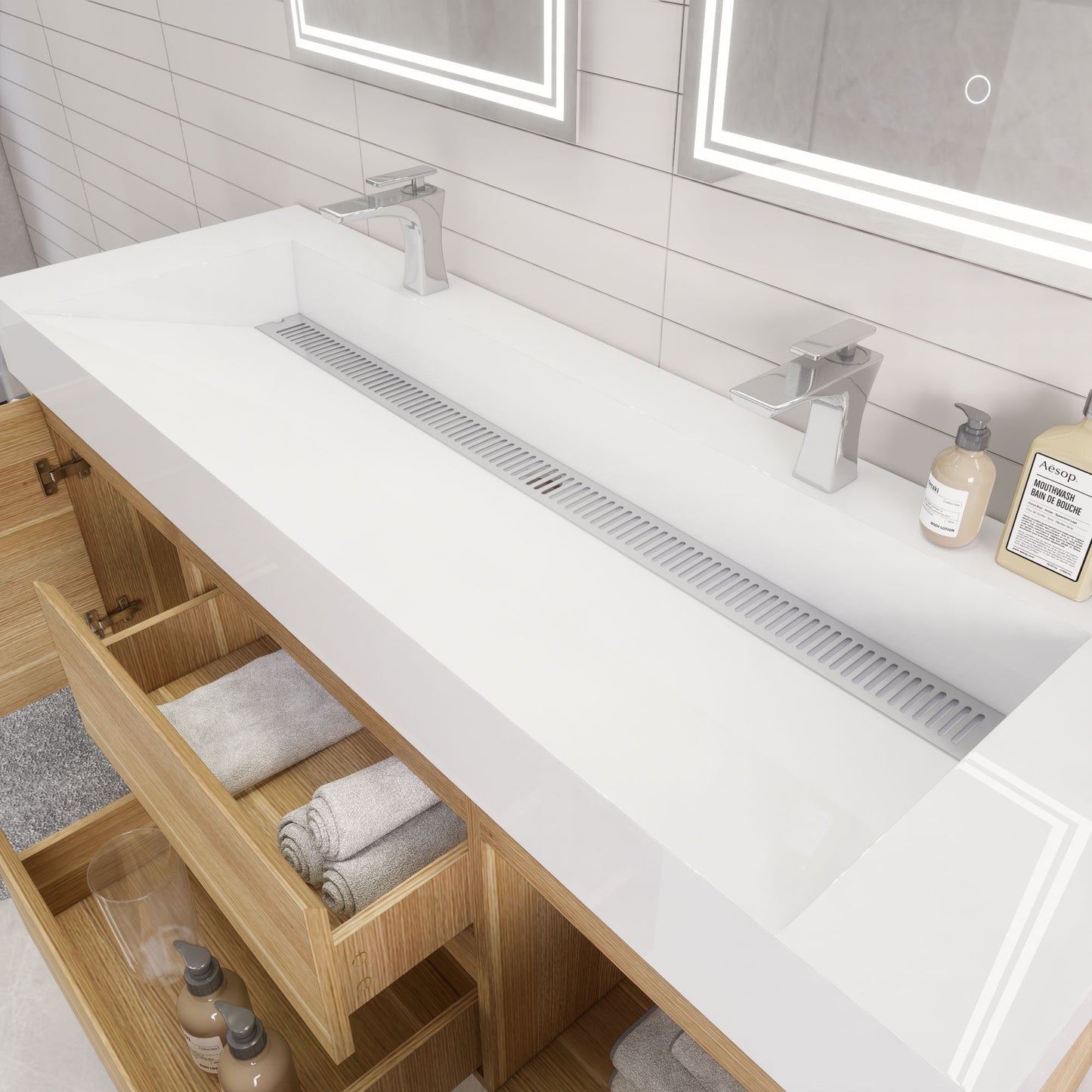 Monterey 60" White Oak Wall Mounted Vanity with Reinforced Acrylic Sinks