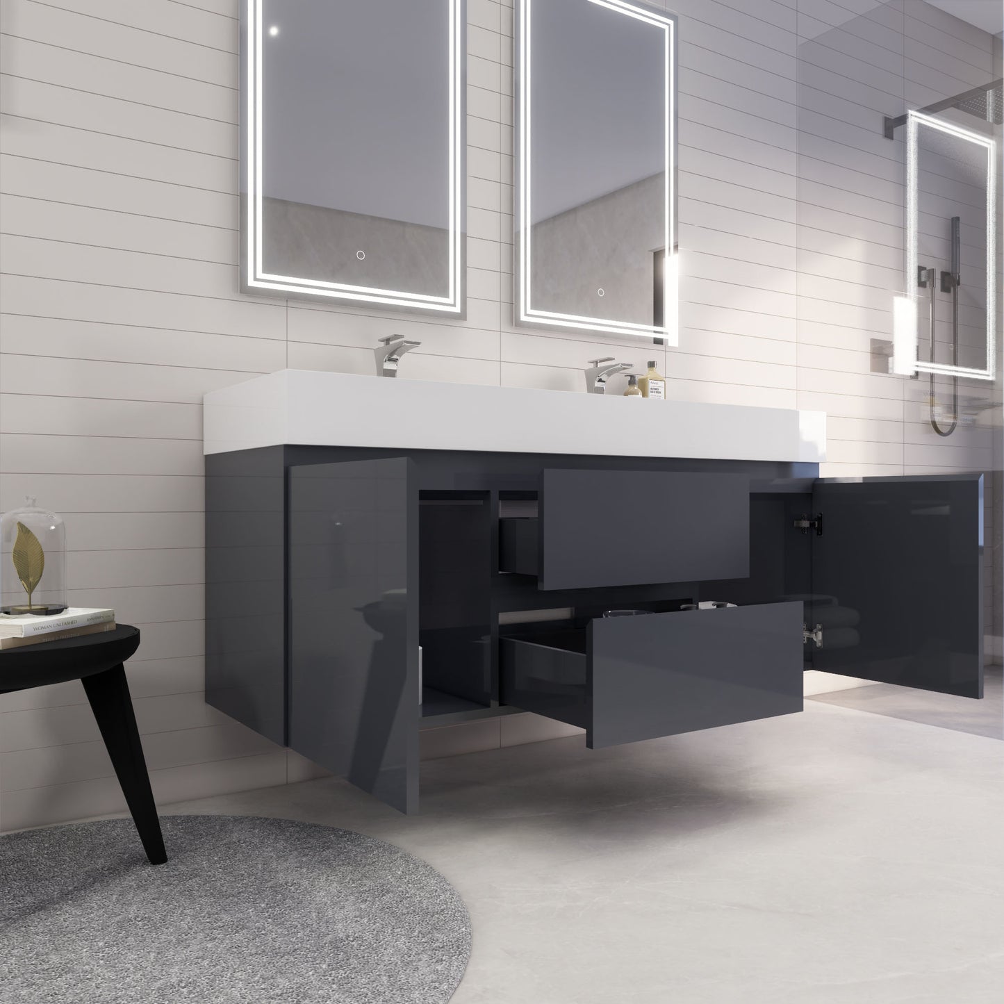 Monterey 60" Glossy Gray Wall Mounted Vanity with Reinforced Acrylic Sinks