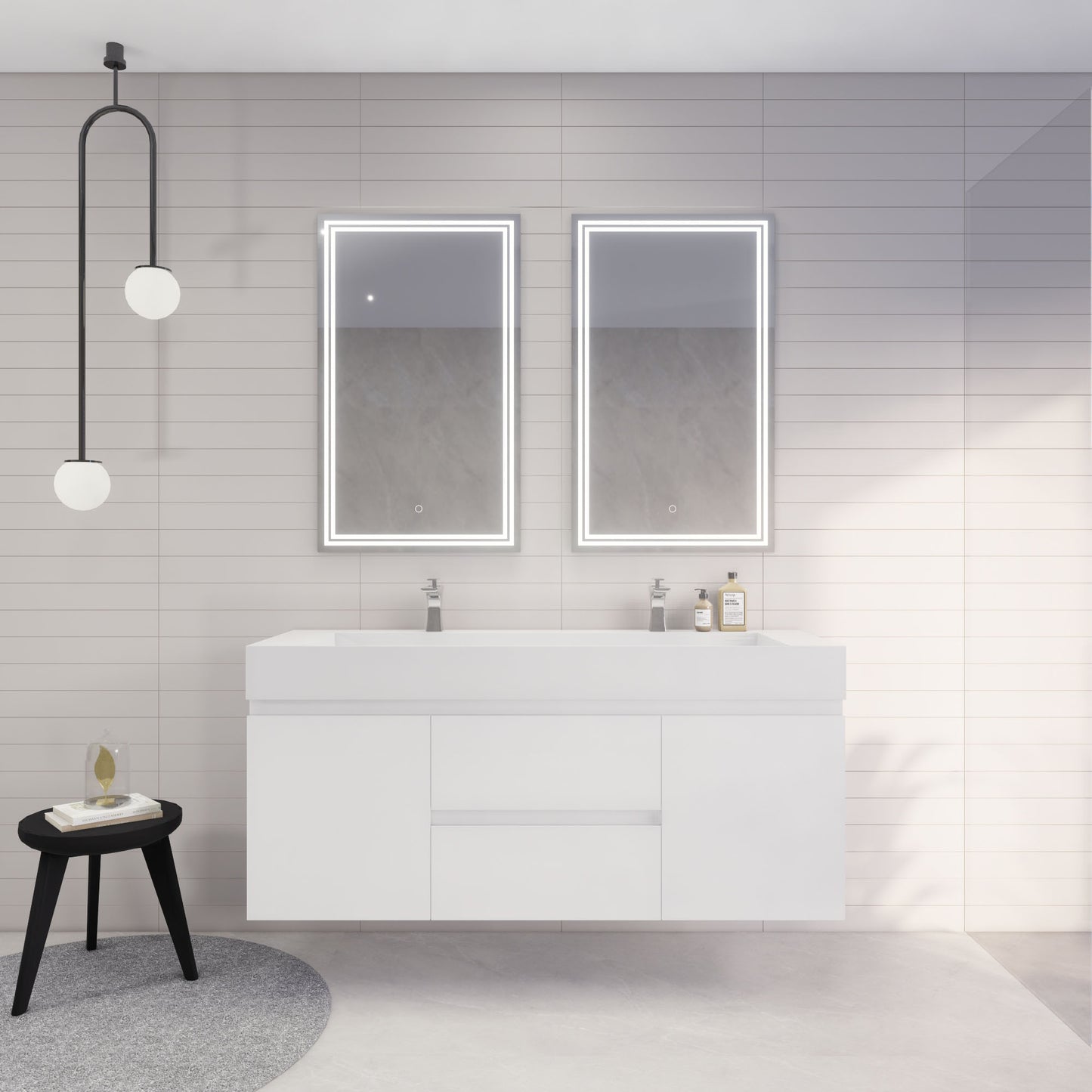 Monterey 60" Glossy White Wall Mounted Vanity with Reinforced Acrylic Sinks
