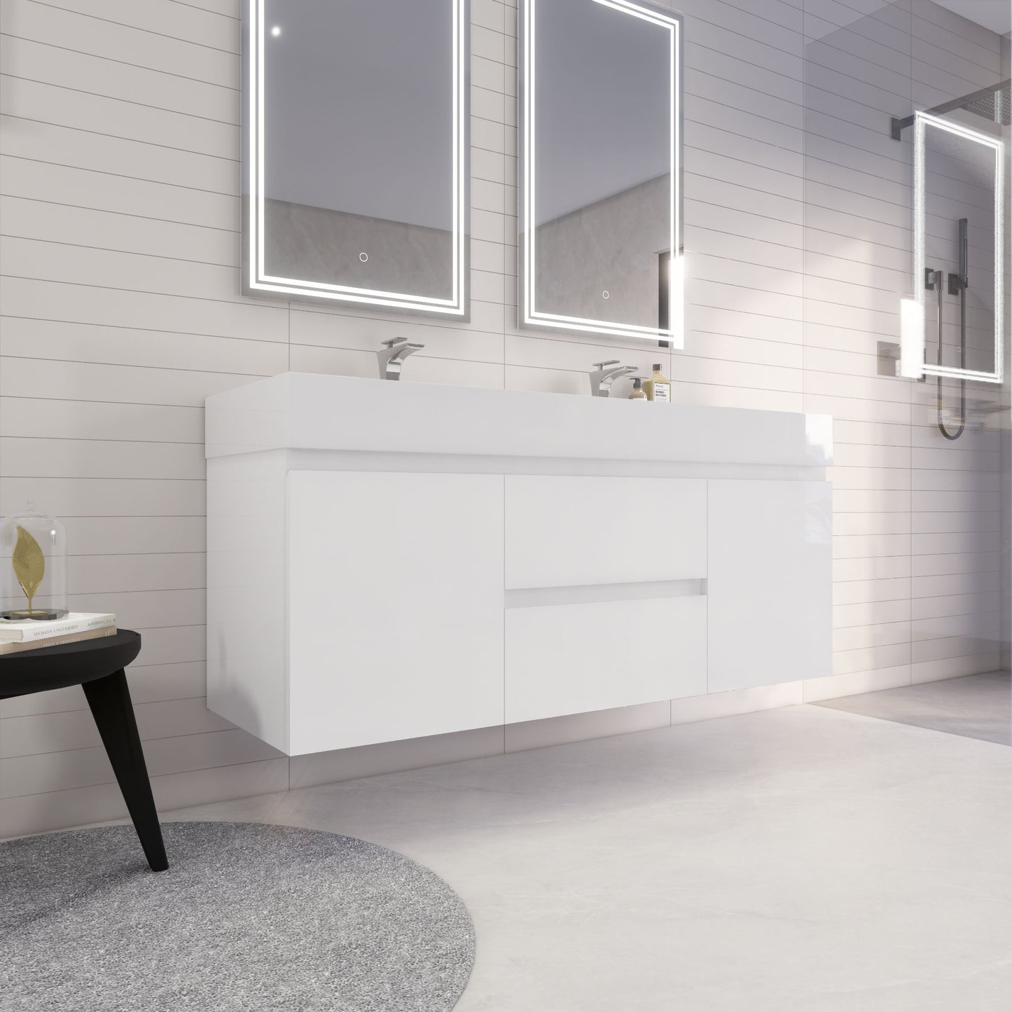 Monterey 60" Glossy White Wall Mounted Vanity with Reinforced Acrylic Sinks