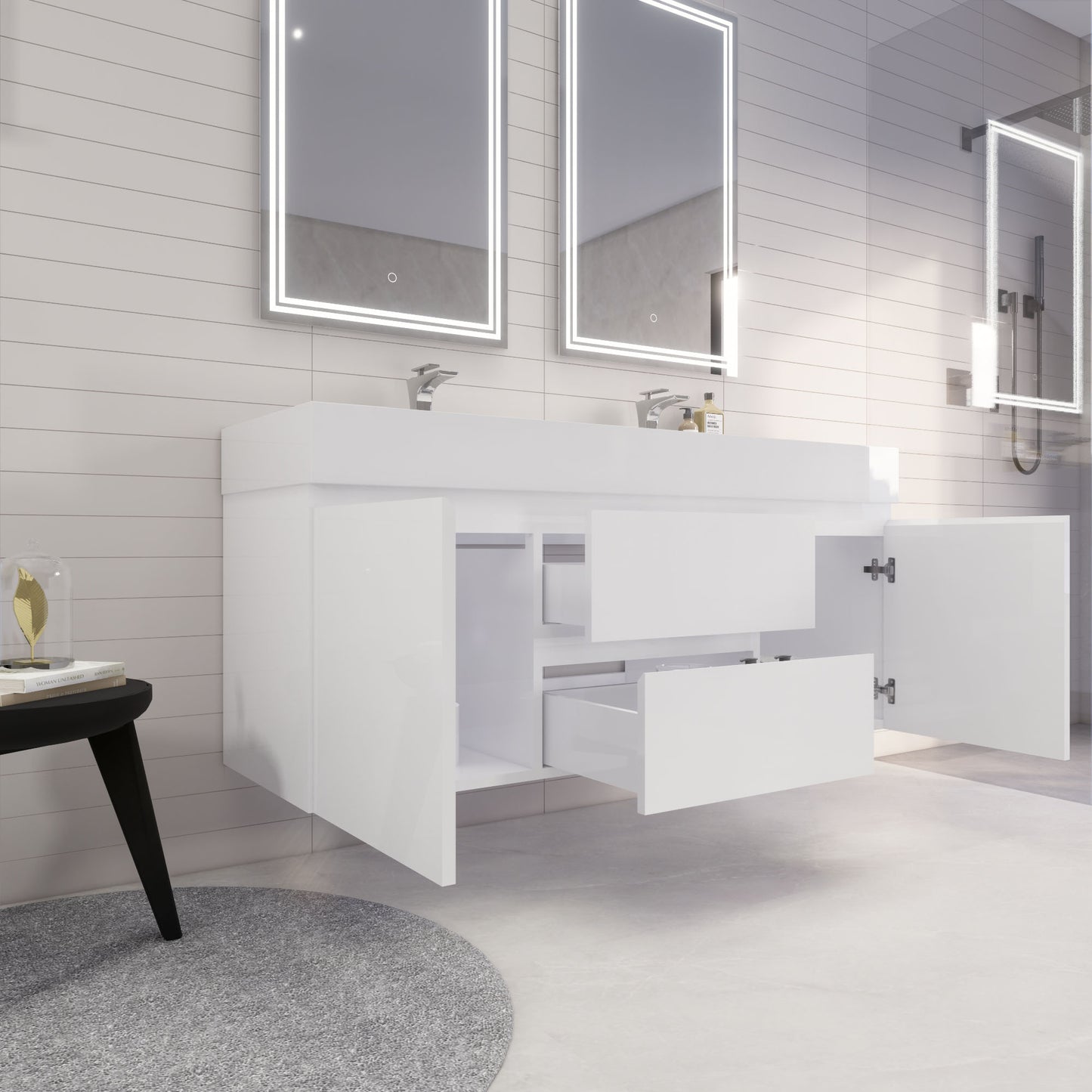 Monterey 60" Glossy White Wall Mounted Vanity with Reinforced Acrylic Sinks