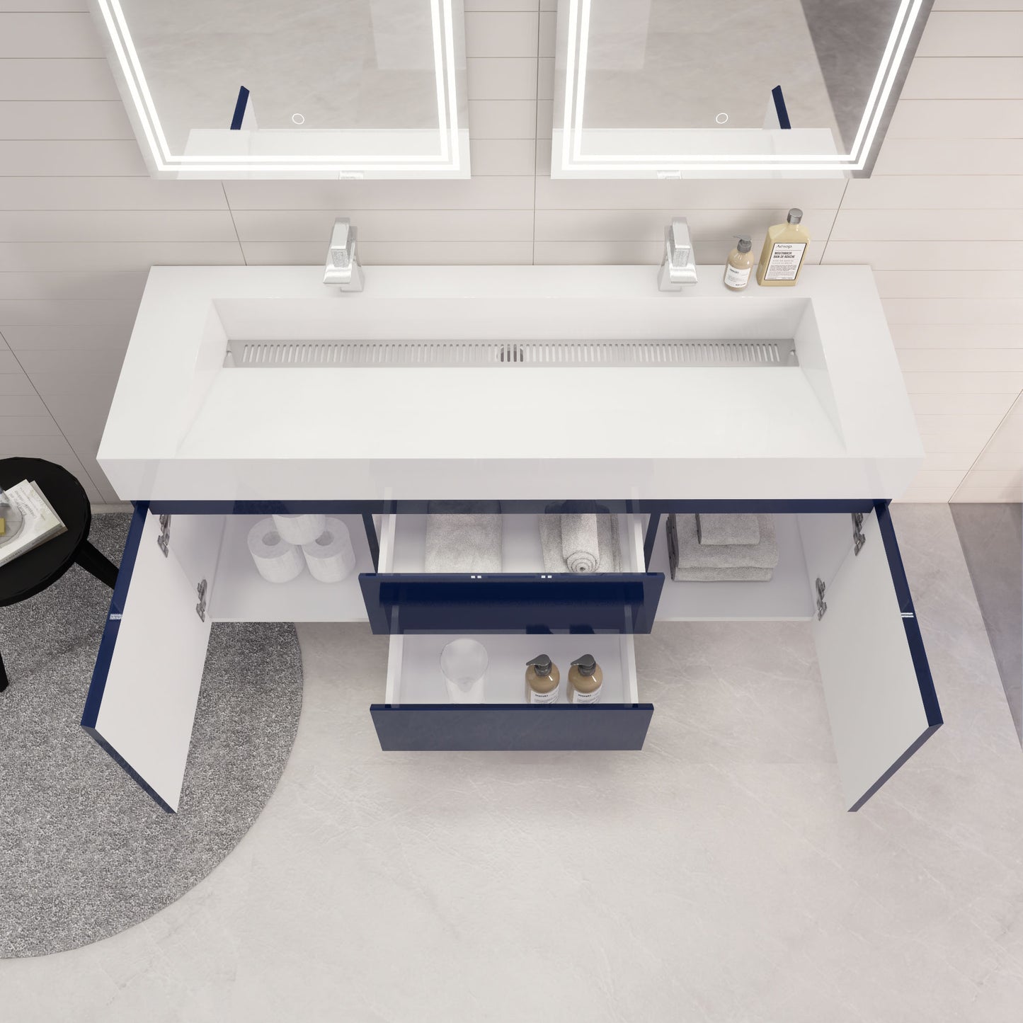 Monterey 60" Night Blue Wall Mounted Vanity with Reinforced Acrylic Sinks