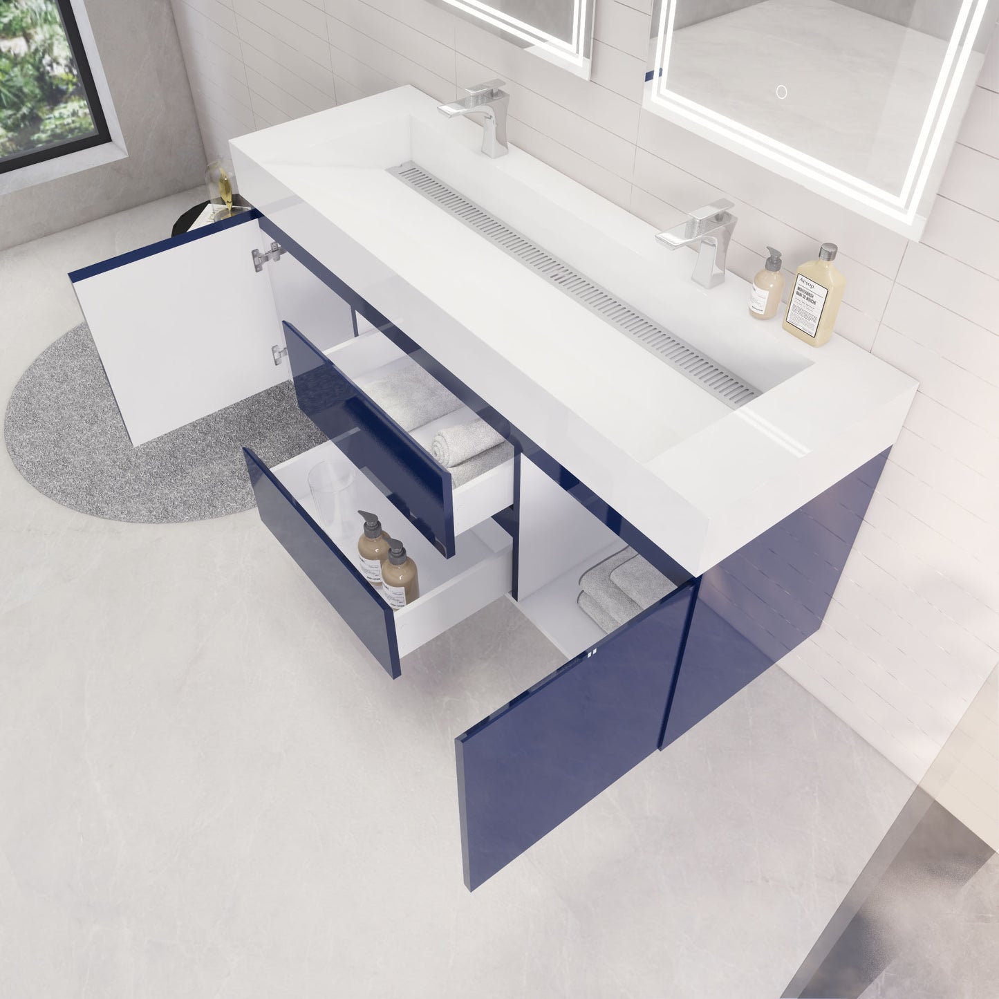 Monterey 60" Night Blue Wall Mounted Vanity with Reinforced Acrylic Sinks