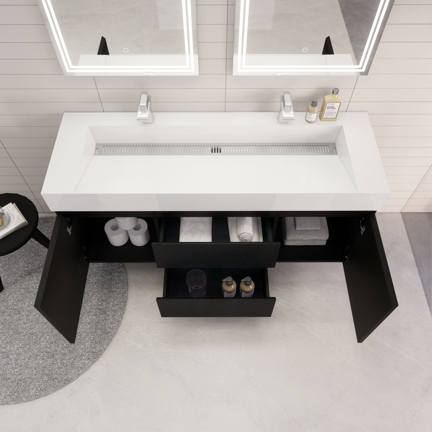 Monterey 60" Rich Black Wall Mounted Vanity with Reinforced Acrylic Sinks