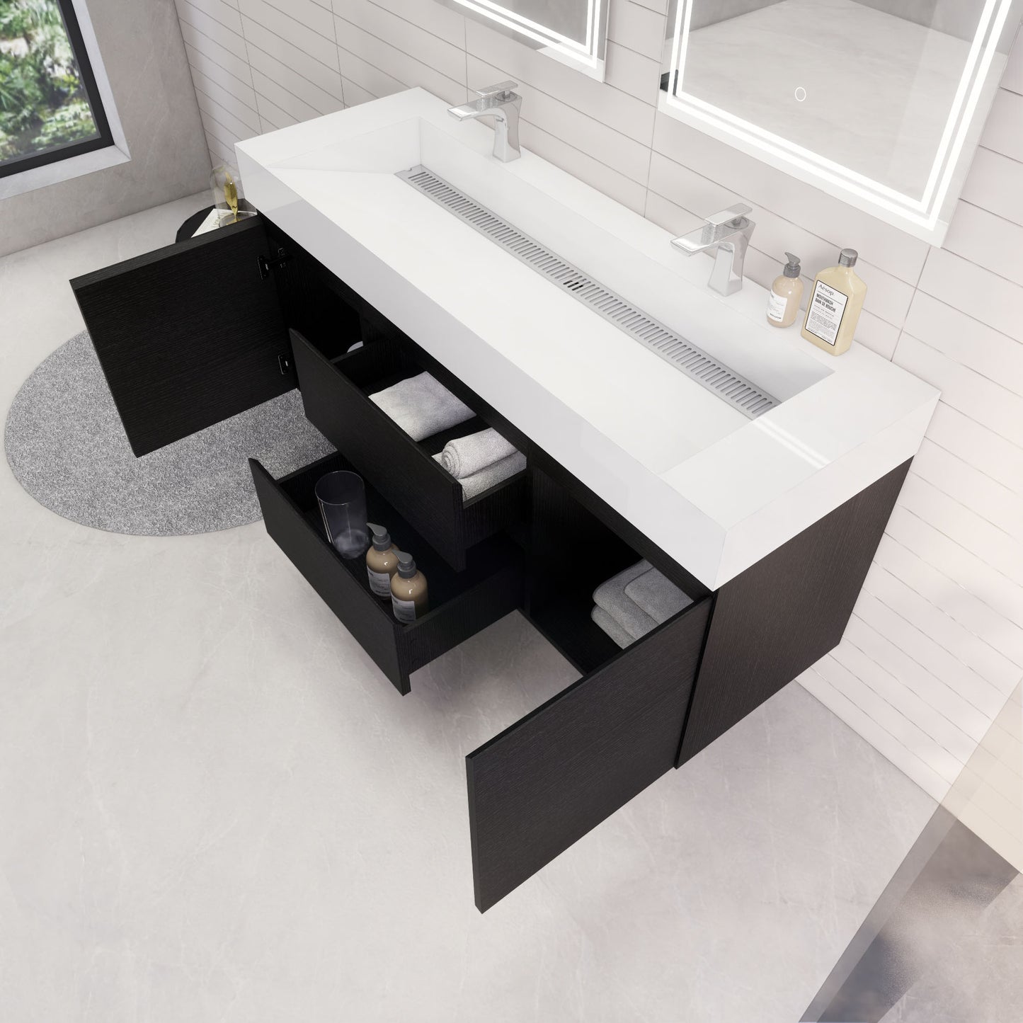 Monterey 60" Rich Black Wall Mounted Vanity with Reinforced Acrylic Sinks
