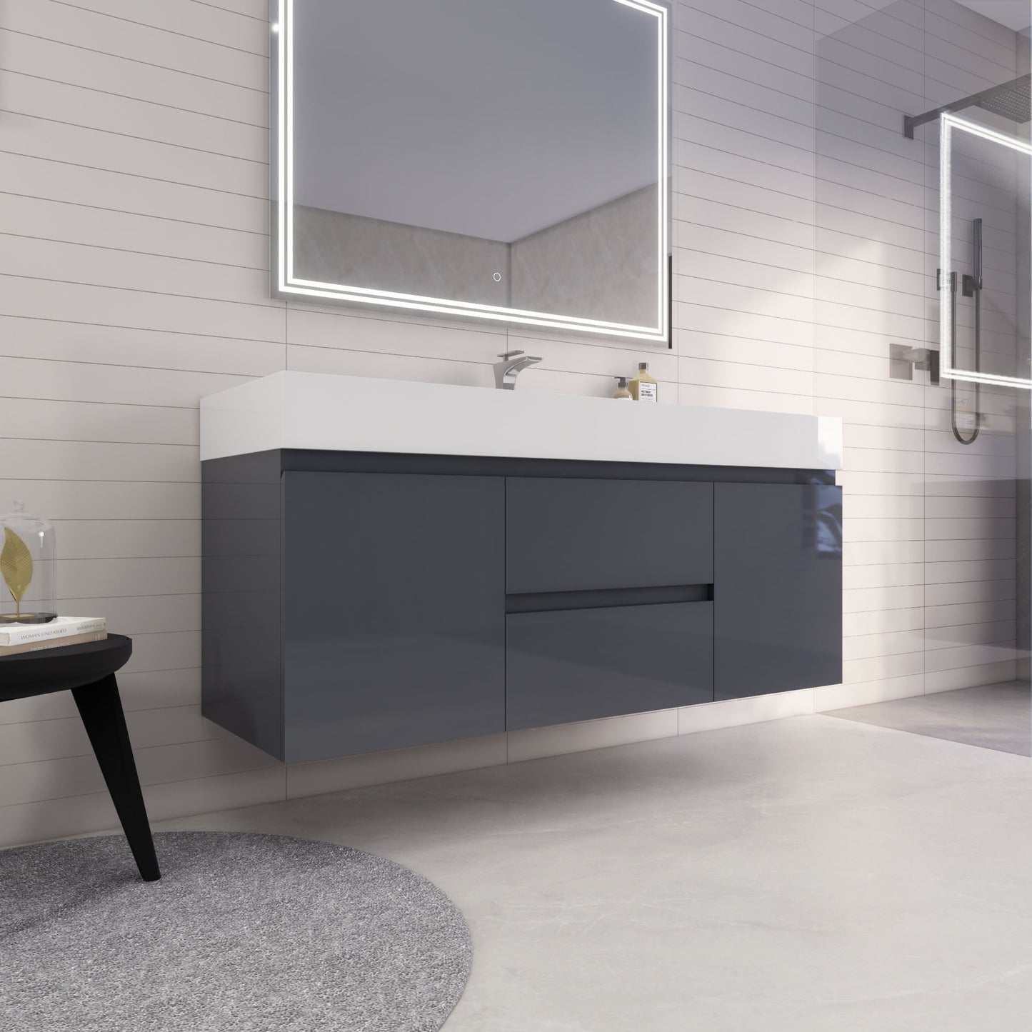 Monterey 60" Glossy Gray Wall Mounted Vanity with Reinforced Acrylic Sink