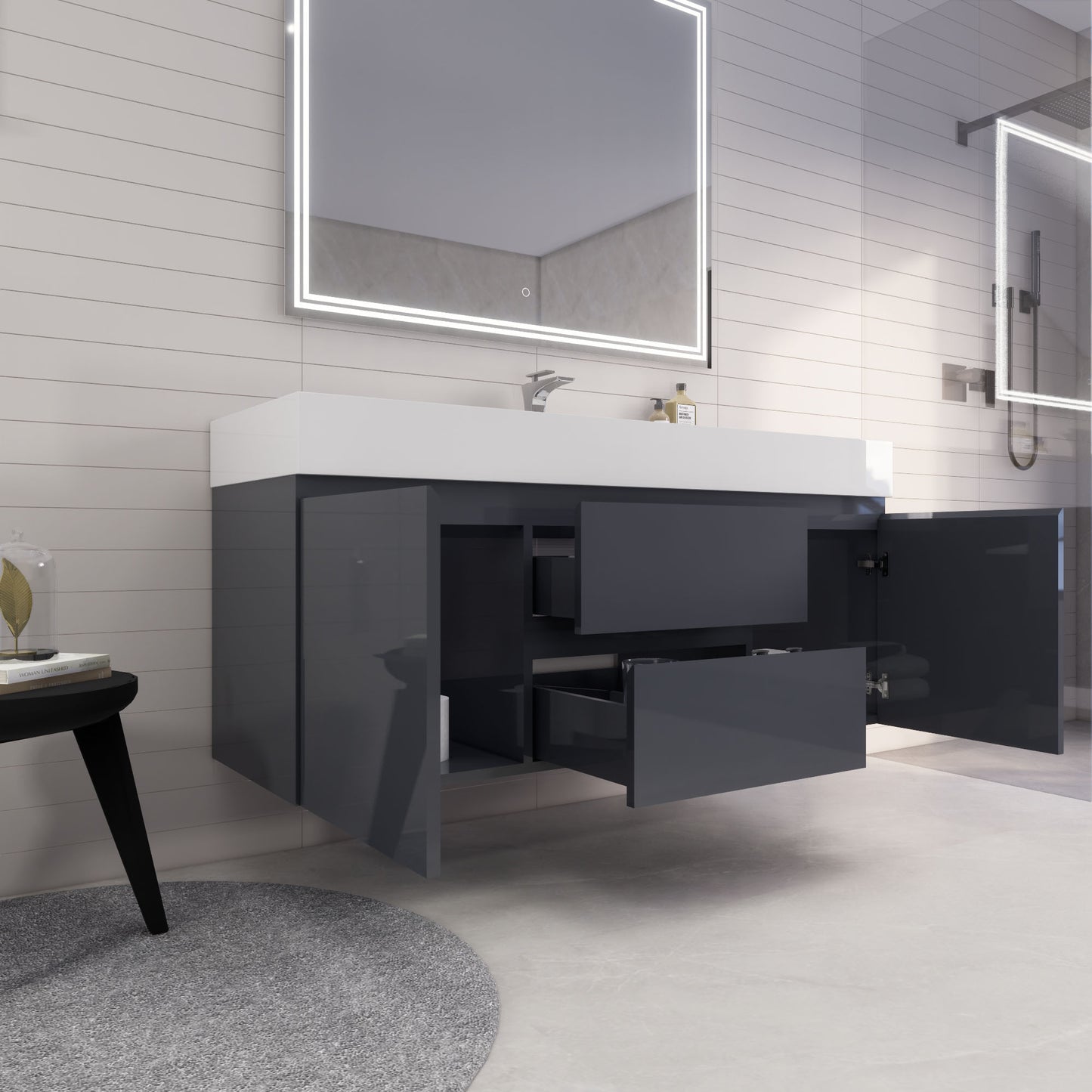 Monterey 60" Glossy Gray Wall Mounted Vanity with Reinforced Acrylic Sink