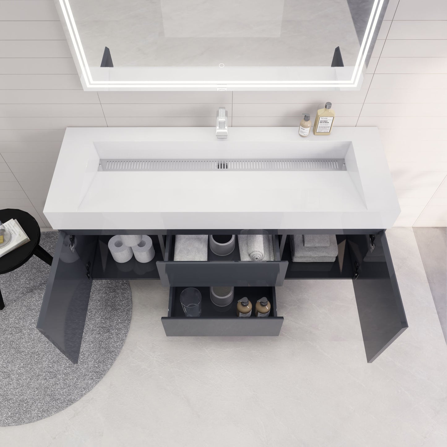 Monterey 60" Glossy Gray Wall Mounted Vanity with Reinforced Acrylic Sink