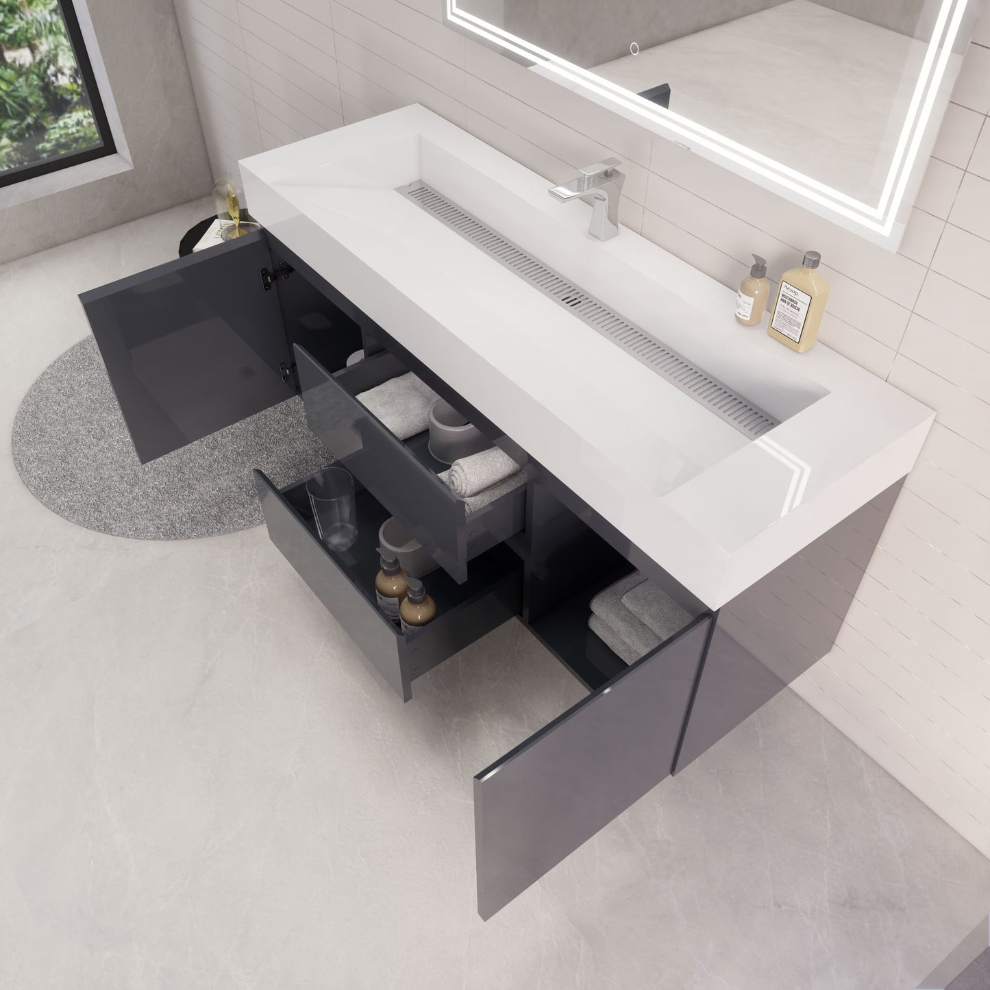 Monterey 60" Glossy Gray Wall Mounted Vanity with Reinforced Acrylic Sink