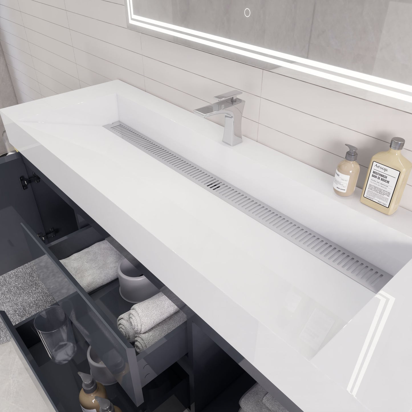 Monterey 60" Glossy Gray Wall Mounted Vanity with Reinforced Acrylic Sink