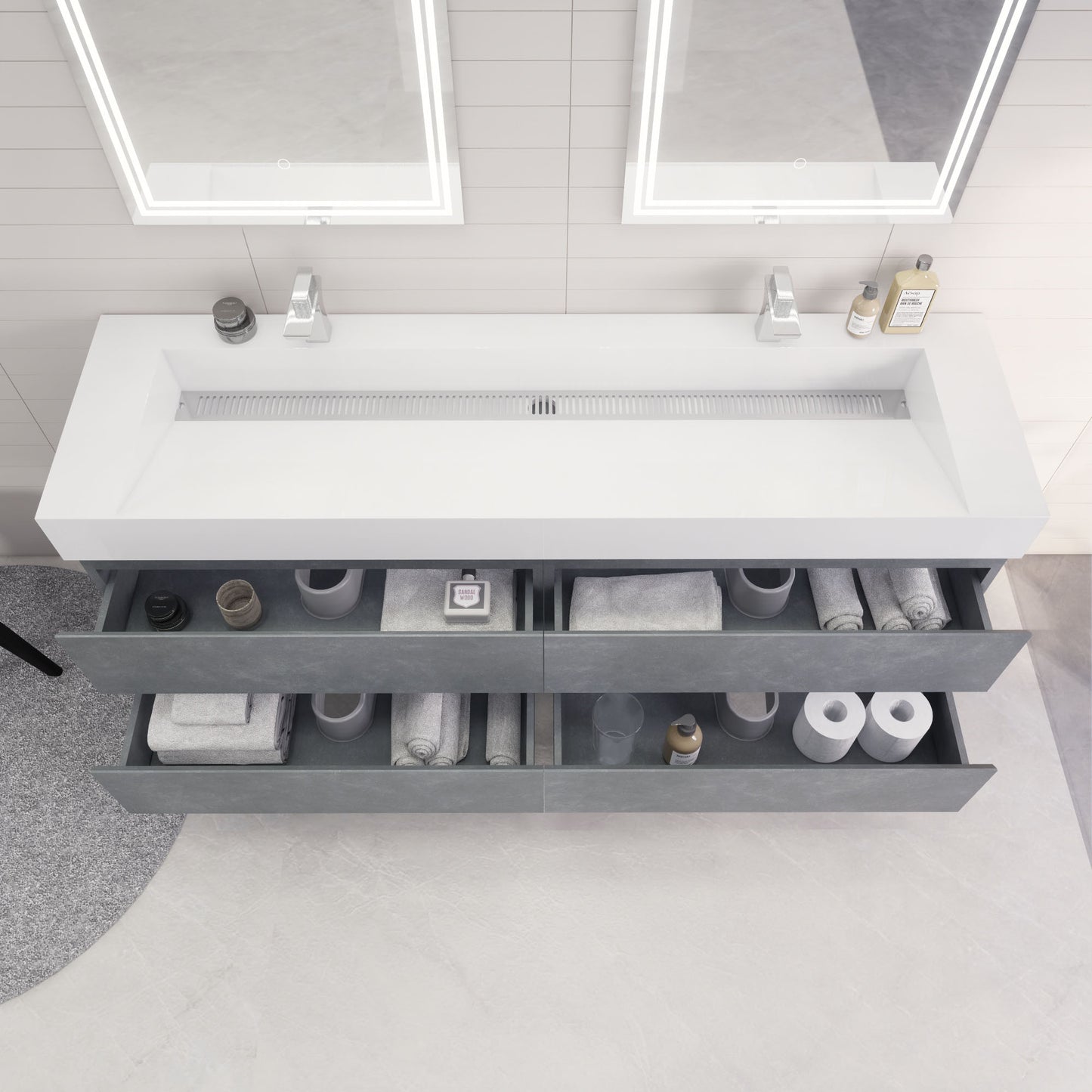 Monterey 72" Cement Gray Wall Mounted Vanity with Reinforced Acrylic Sinks