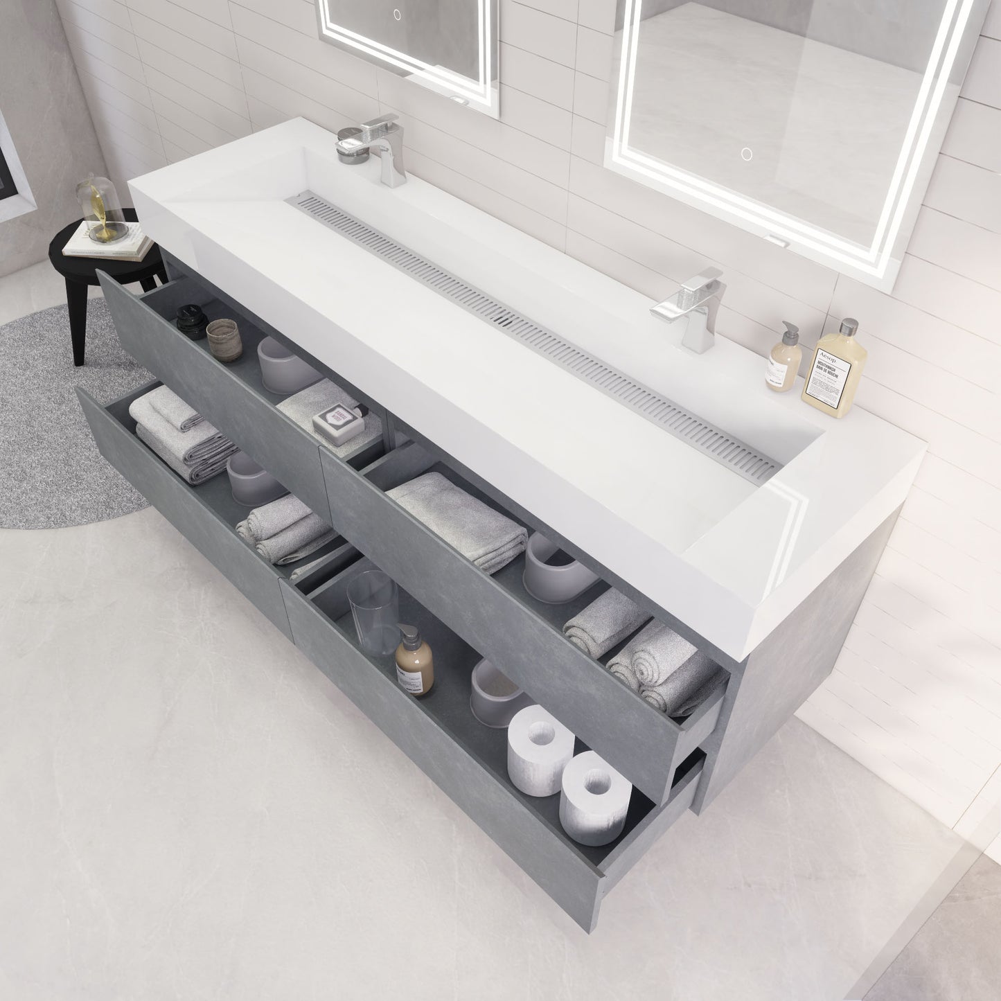 Monterey 72" Cement Gray Wall Mounted Vanity with Reinforced Acrylic Sinks