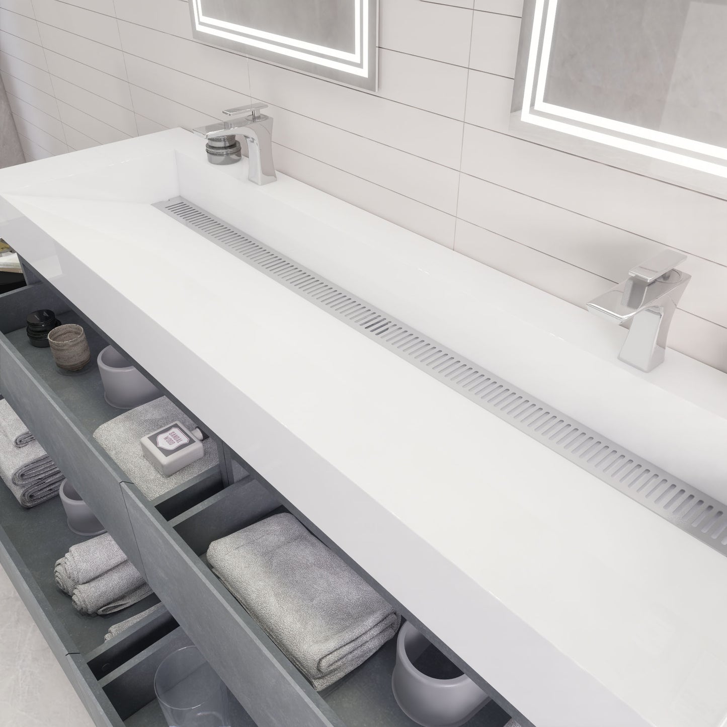 Monterey 72" Cement Gray Wall Mounted Vanity with Reinforced Acrylic Sinks