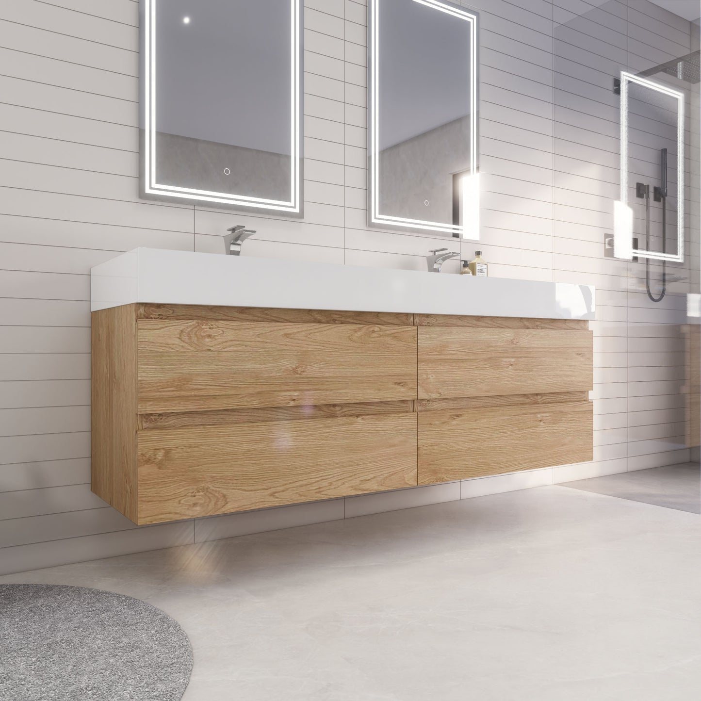 Monterey 72" New England Oak Wall Mounted Vanity with Reinforced Acrylic Sinks