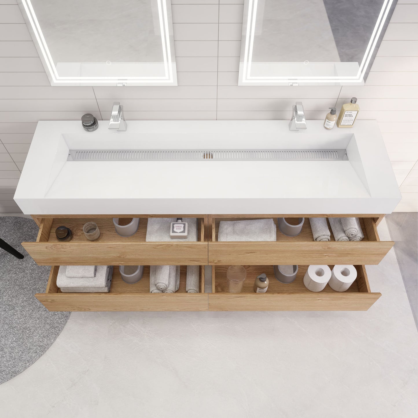 Monterey 72" New England Oak Wall Mounted Vanity with Reinforced Acrylic Sinks