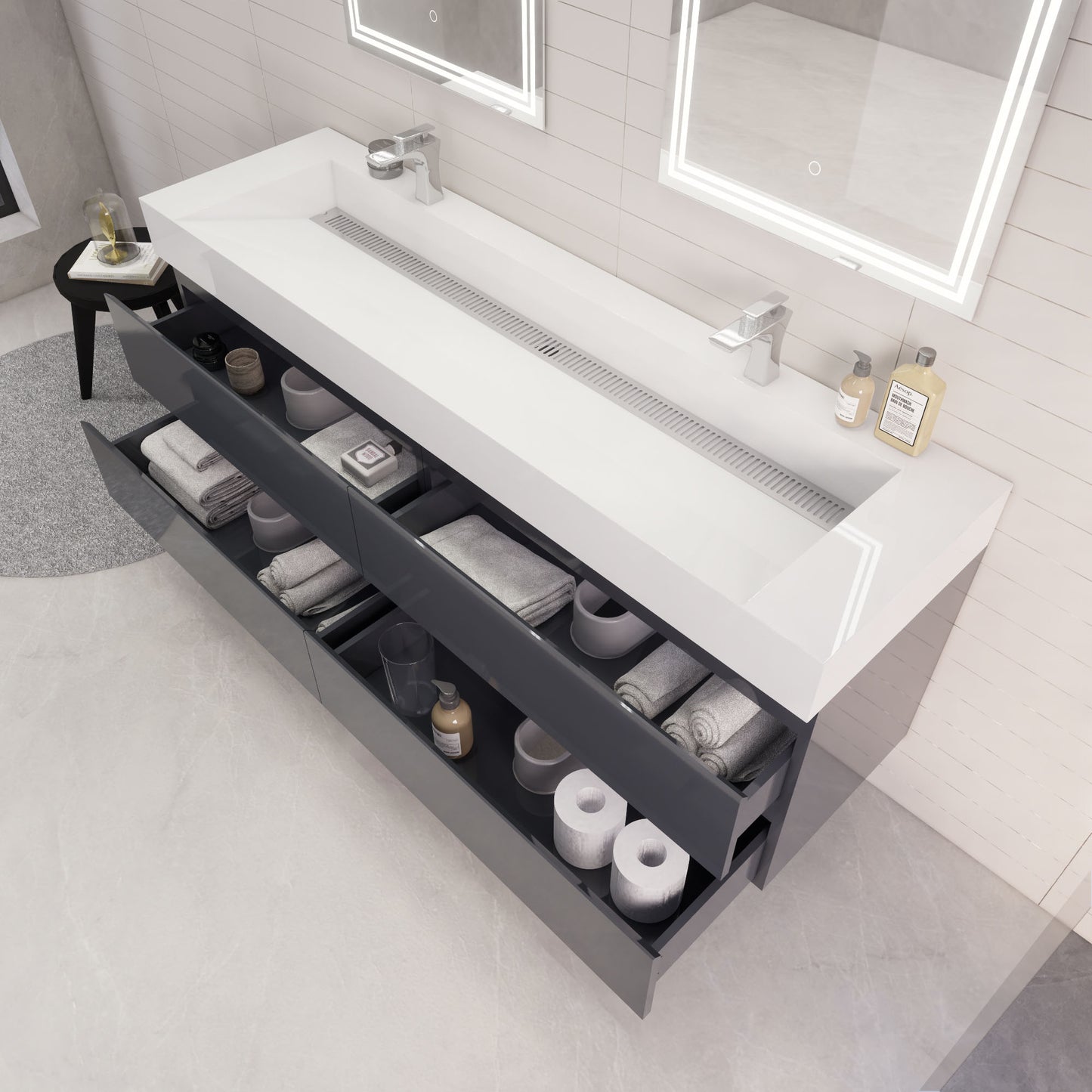 Monterey 72" Glossy Gray Wall Mounted Vanity with Reinforced Acrylic Sinks