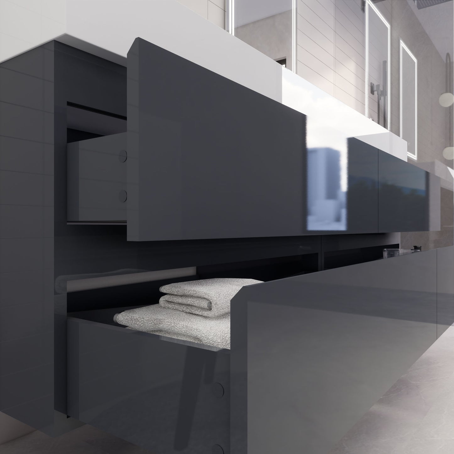Monterey 72" Glossy Gray Wall Mounted Vanity with Reinforced Acrylic Sinks