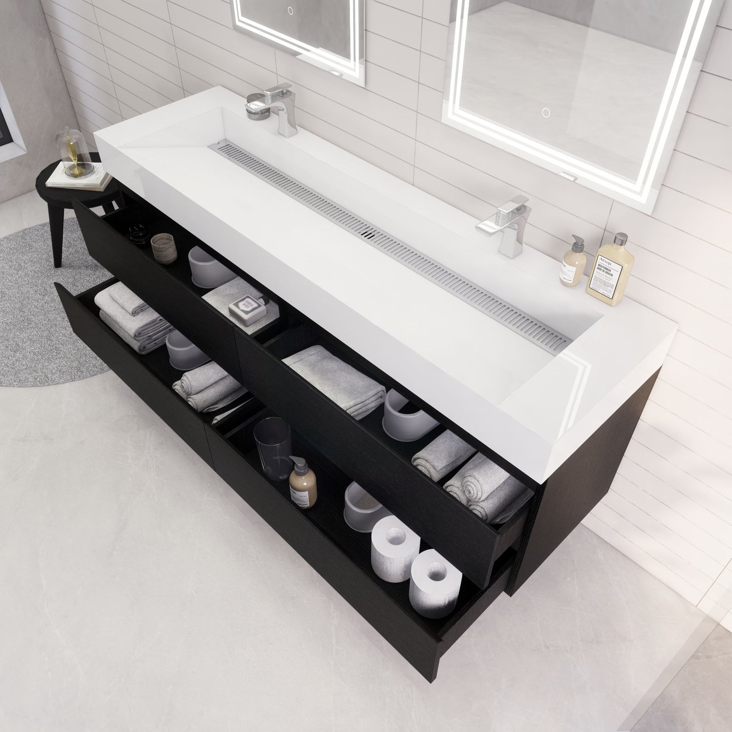 Monterey 72" Rich Black Wall Mounted Vanity with Reinforced Acrylic Sinks