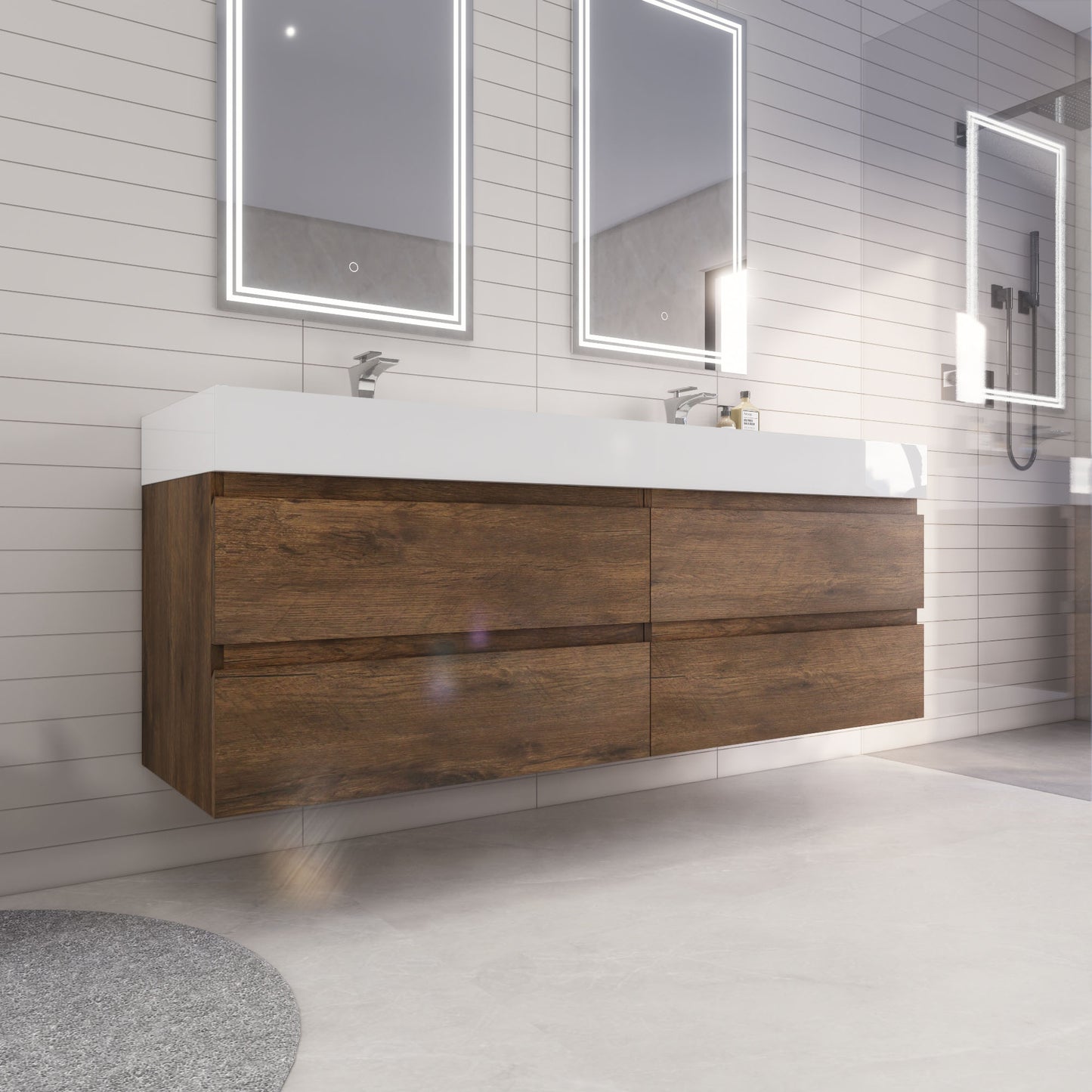 Monterey 72" Rosewood Wall Mounted Vanity with Reinforced Acrylic Sinks