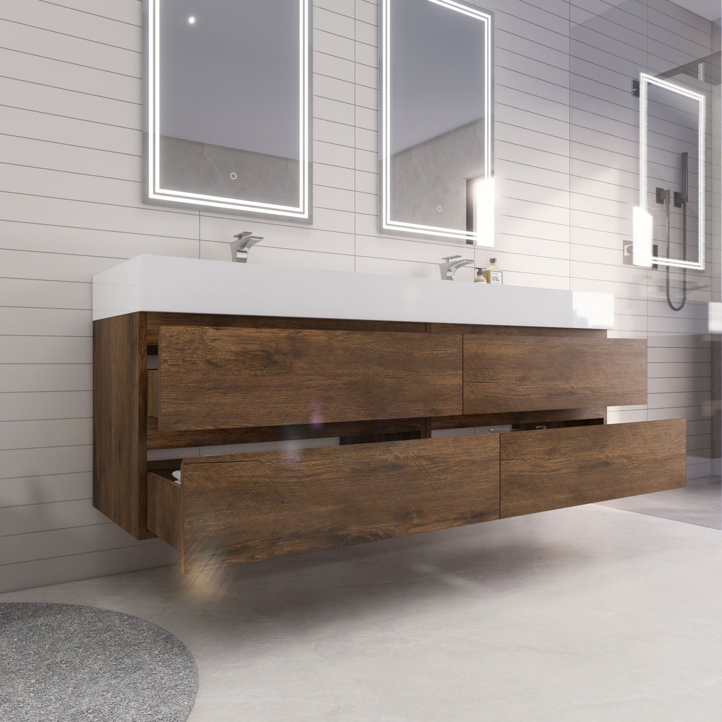 Monterey 72" Rosewood Wall Mounted Vanity with Reinforced Acrylic Sinks