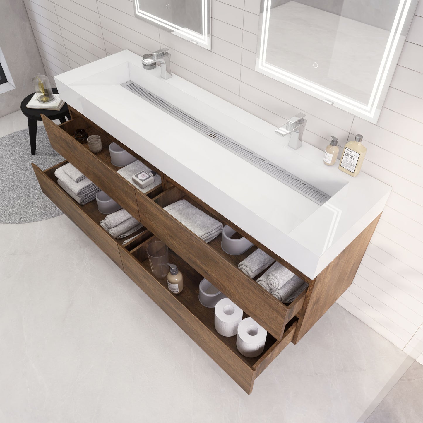 Monterey 72" Rosewood Wall Mounted Vanity with Reinforced Acrylic Sinks