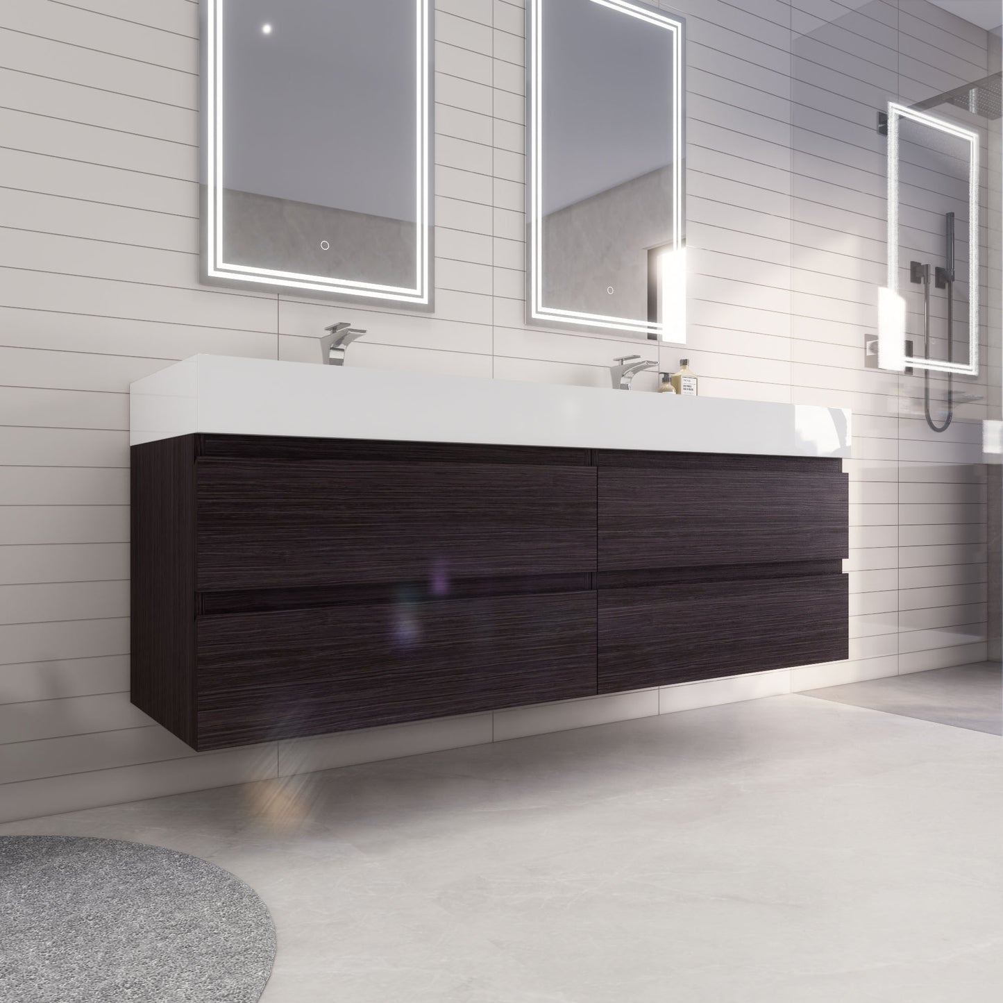 Monterey 72" Dark Gray Oak Wall Mounted Vanity with Reinforced Acrylic Sinks
