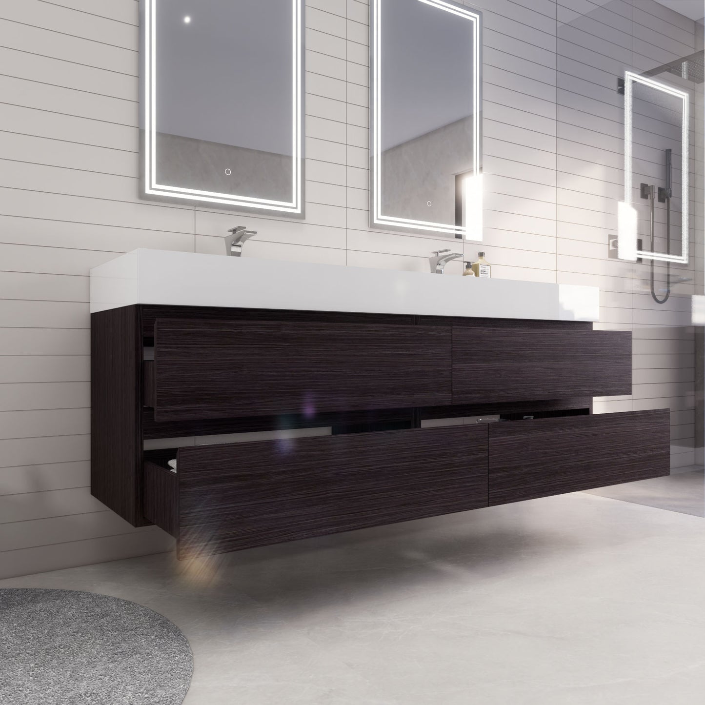 Monterey 72" Dark Gray Oak Wall Mounted Vanity with Reinforced Acrylic Sinks