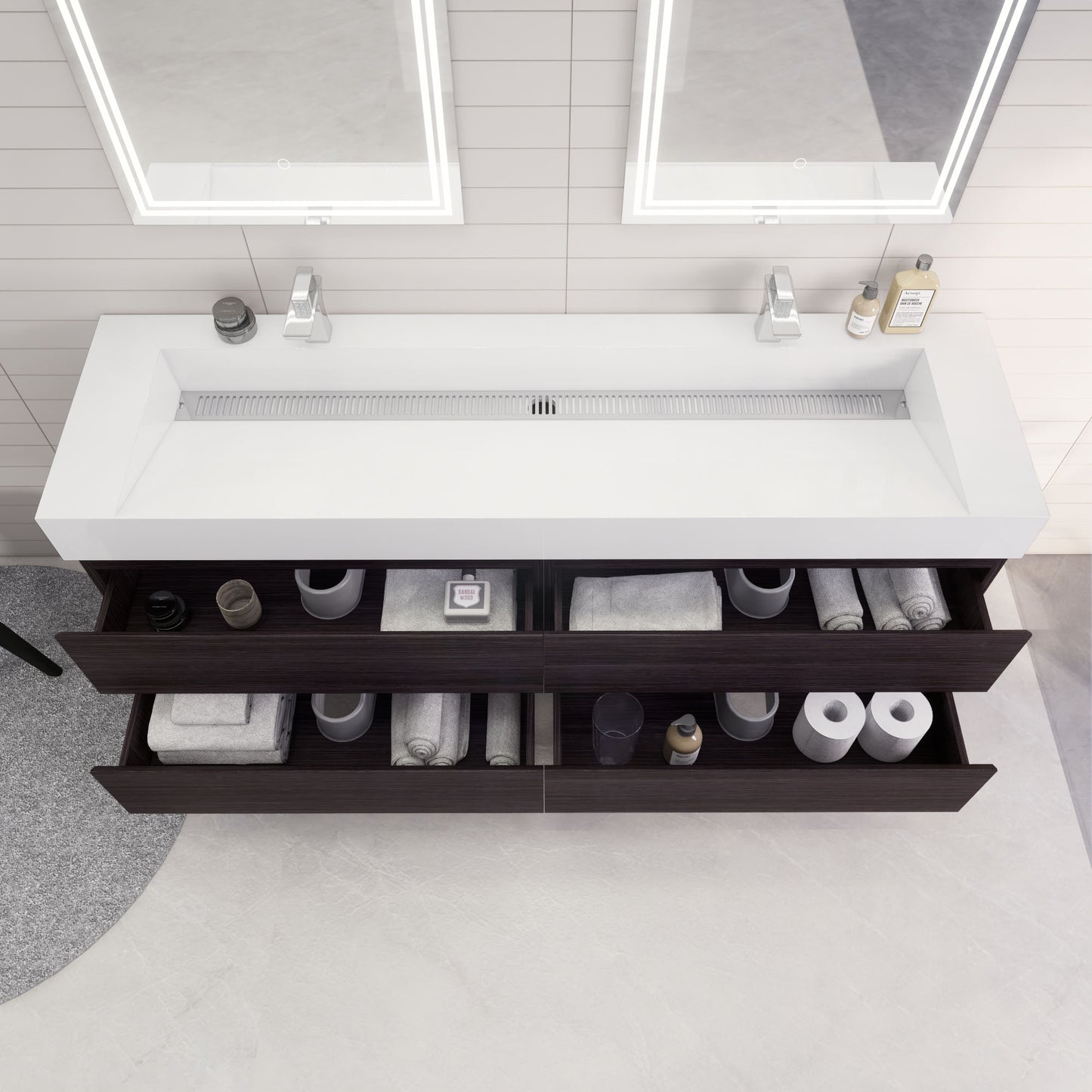 Monterey 72" Dark Gray Oak Wall Mounted Vanity with Reinforced Acrylic Sinks
