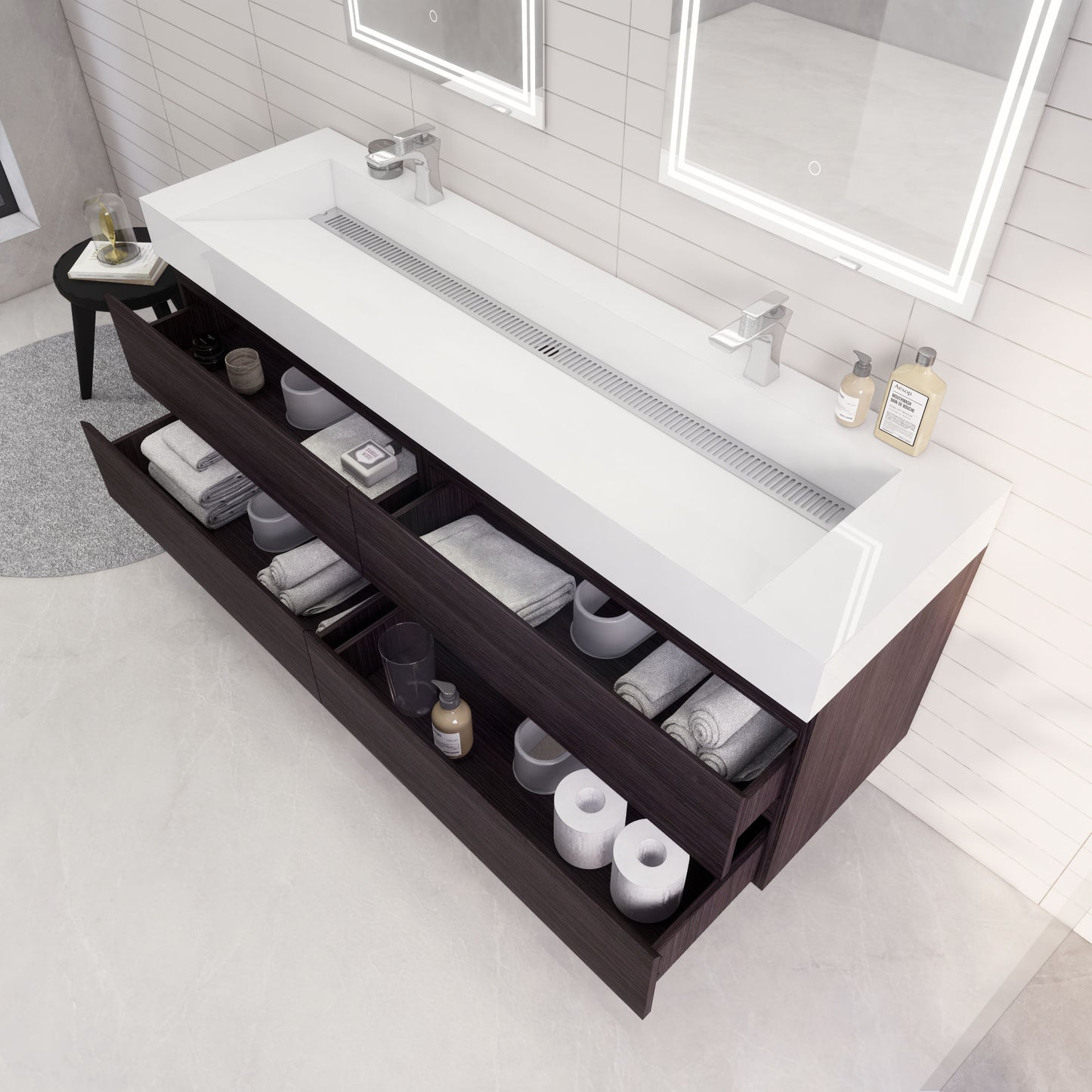 Monterey 72" Dark Gray Oak Wall Mounted Vanity with Reinforced Acrylic Sinks
