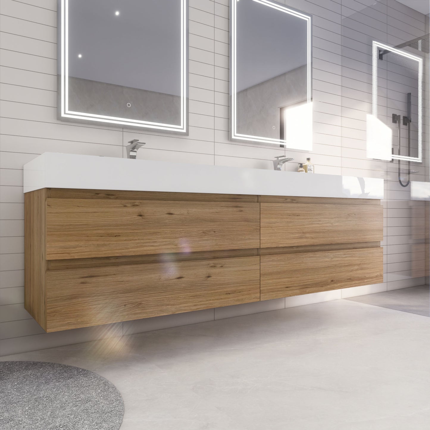 Monterey 84" Natural Oak Wall Mounted Vanity with Reinforced Acrylic Sinks