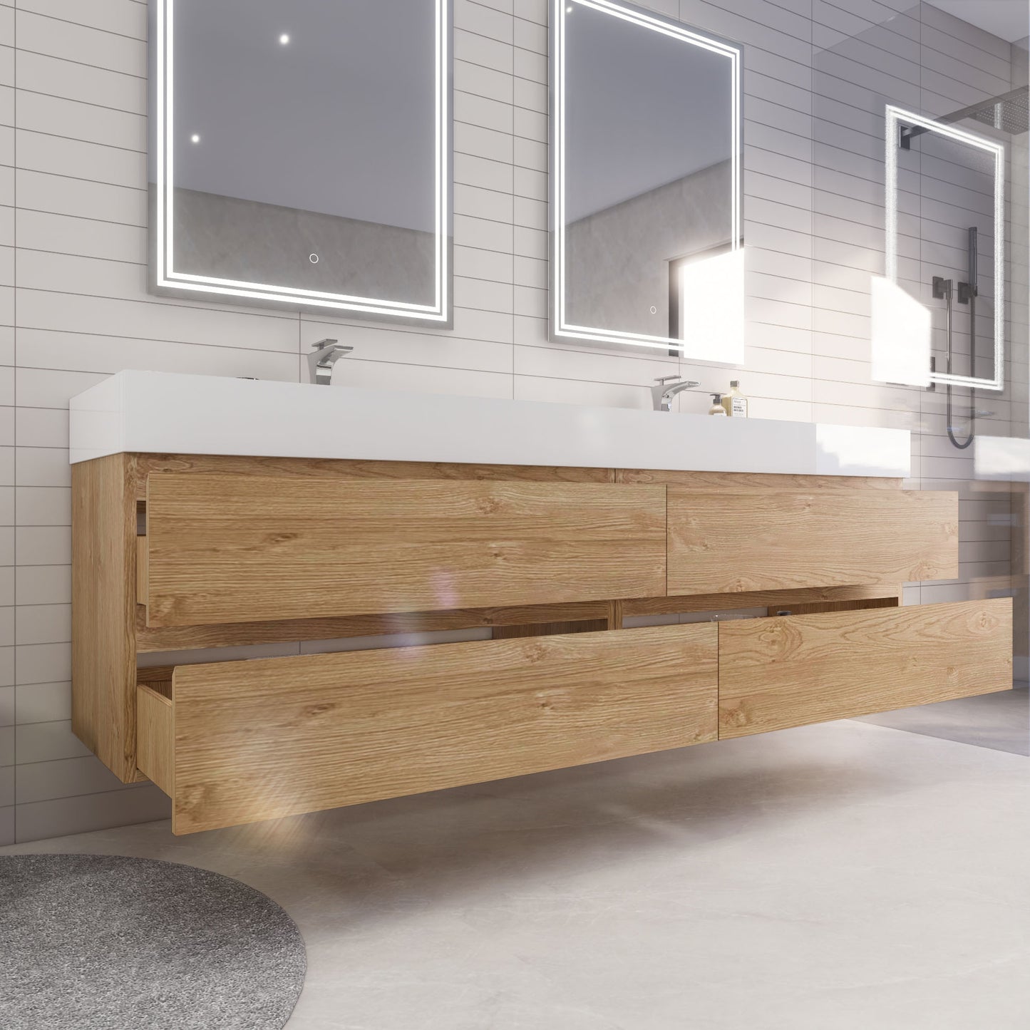 Monterey 84" New England Oak Wall Mounted Vanity with Reinforced Acrylic Sinks