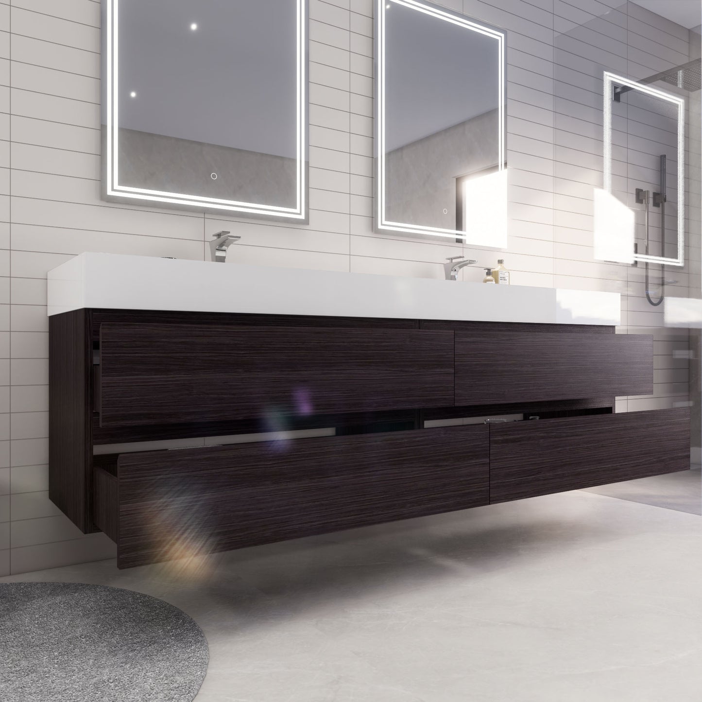 Monterey 84" Dark Gray Oak Wall Mounted Vanity with Reinforced Acrylic Sinks