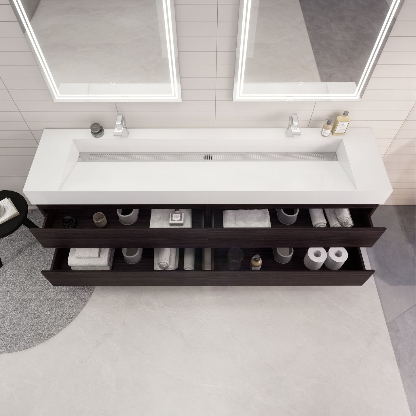 Monterey 84" Dark Gray Oak Wall Mounted Vanity with Reinforced Acrylic Sinks
