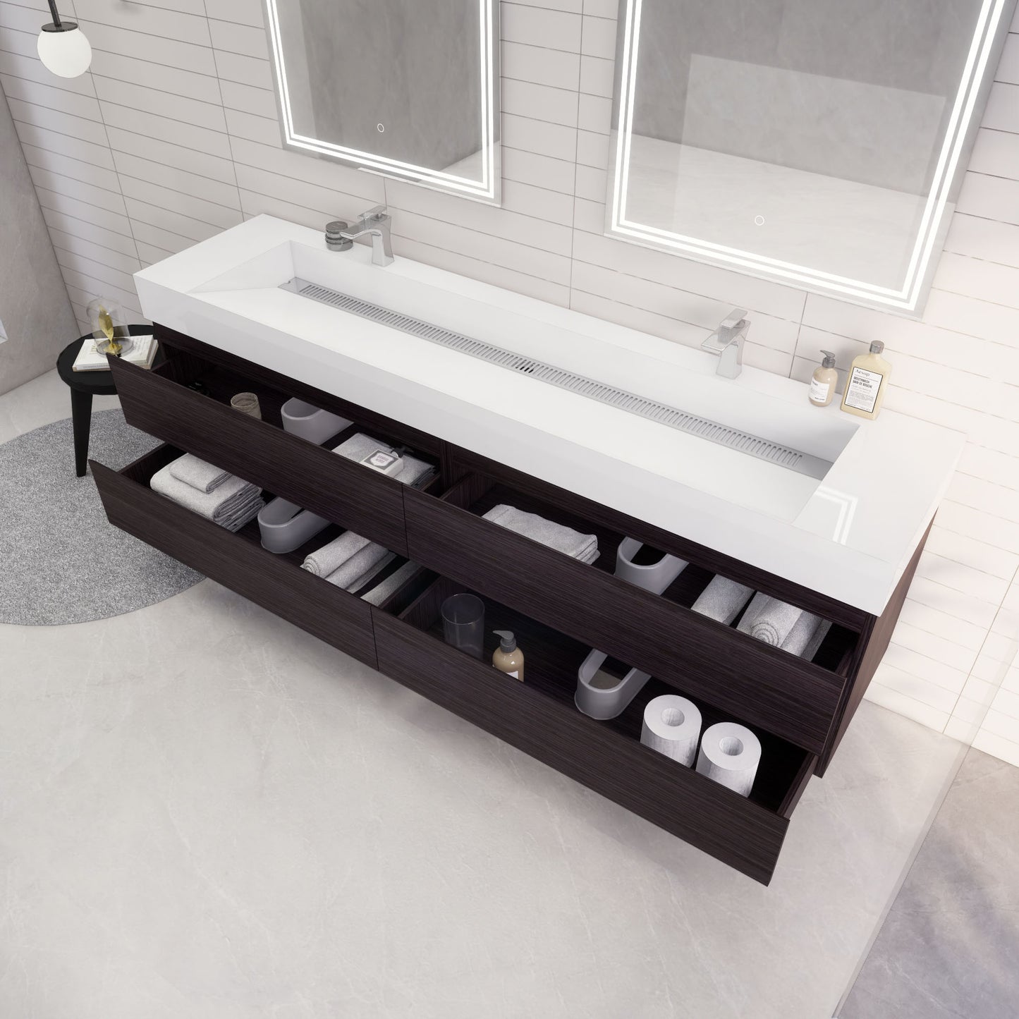 Monterey 84" Dark Gray Oak Wall Mounted Vanity with Reinforced Acrylic Sinks