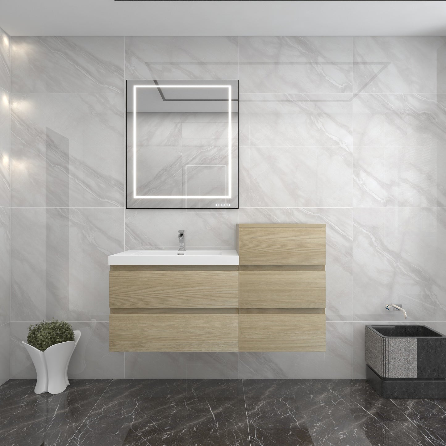 BOW 50" Single Sink Vanity in White Oak & BOW Side Cabinet - Better Vanity