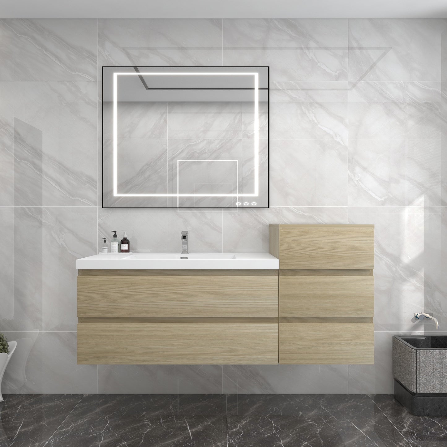 BOW 62" Single Sink Vanity in White Oak & BOW Side Cabinet - Better Vanity