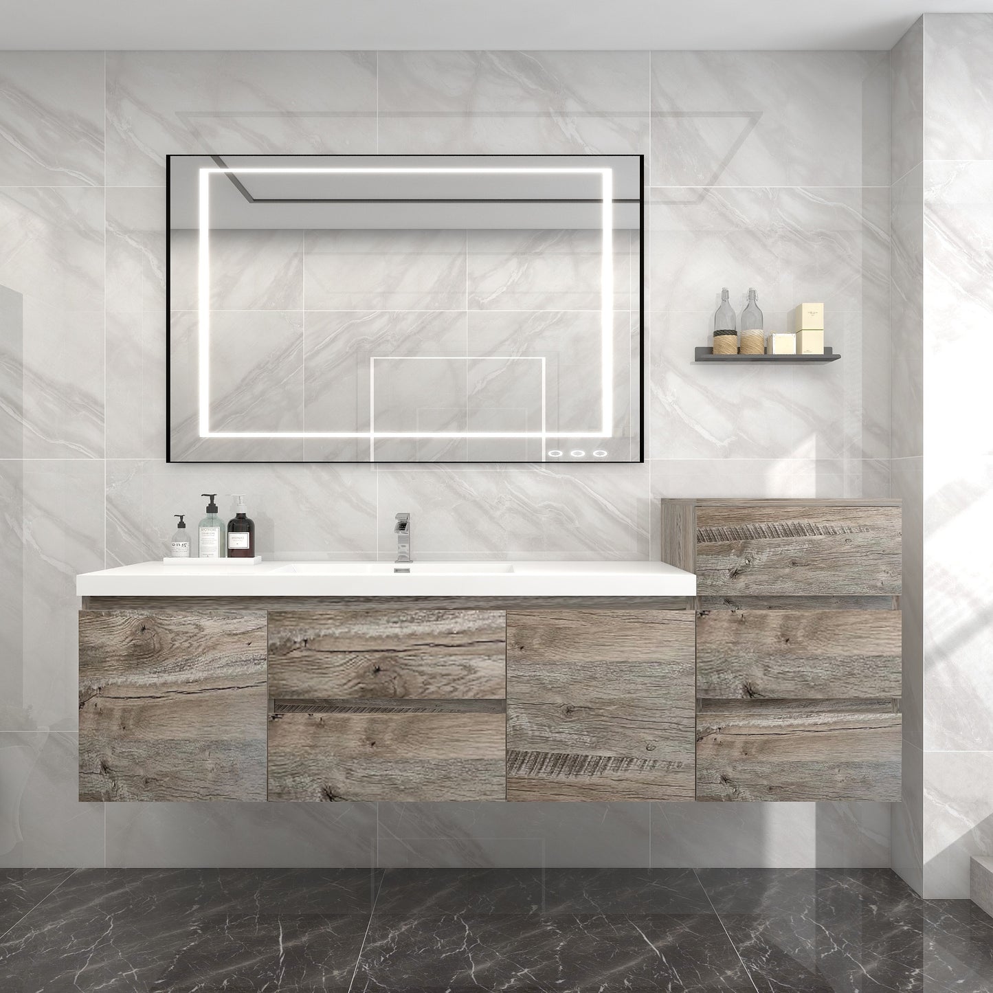 BOW 80" Single Sink Vanity in Natural Wood & BOW Matching Side Cabinet - Better Vanity