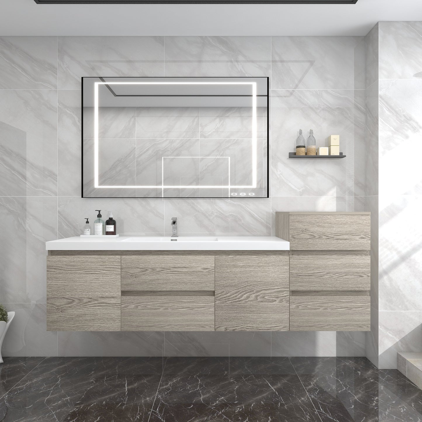 BOW 80" Single Sink Vanity in Teak Oak & BOW Matching Side Cabinet - Better Vanity