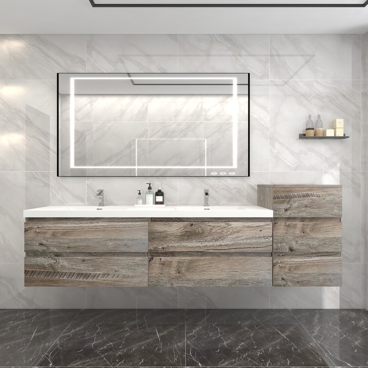 BOW 92" Double Sink Vanity in Natural Wood & BOW Side Cabinet - Better Vanity