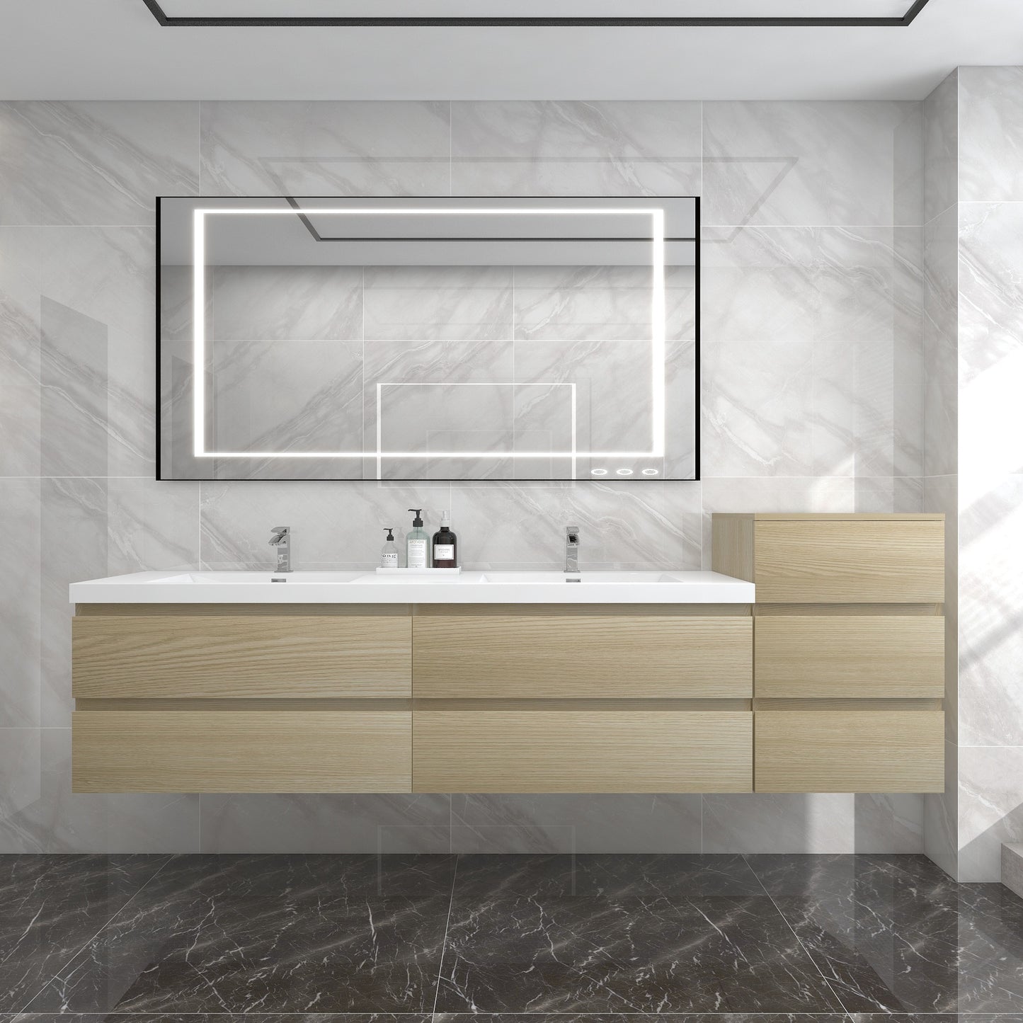 BOW 92" Double Sink Vanity in White Oak & BOW Side Cabinet - Better Vanity