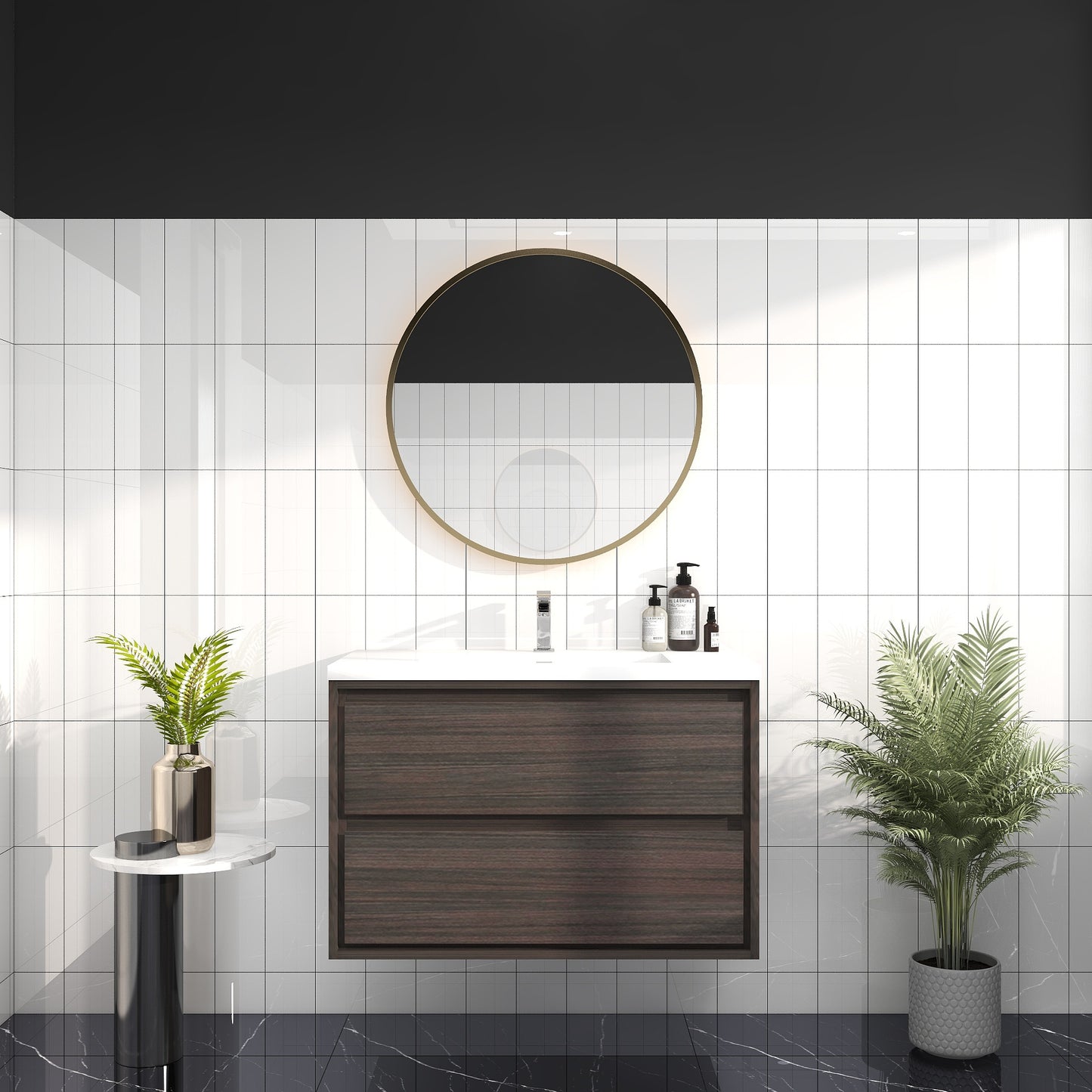 Saggia 36" Wall-Mounted Floating Bathroom Vanity with Reinforced Acrylic Sink in Dark Gray Oak | Better Vanity Modern Luxury Bathroom Vanities